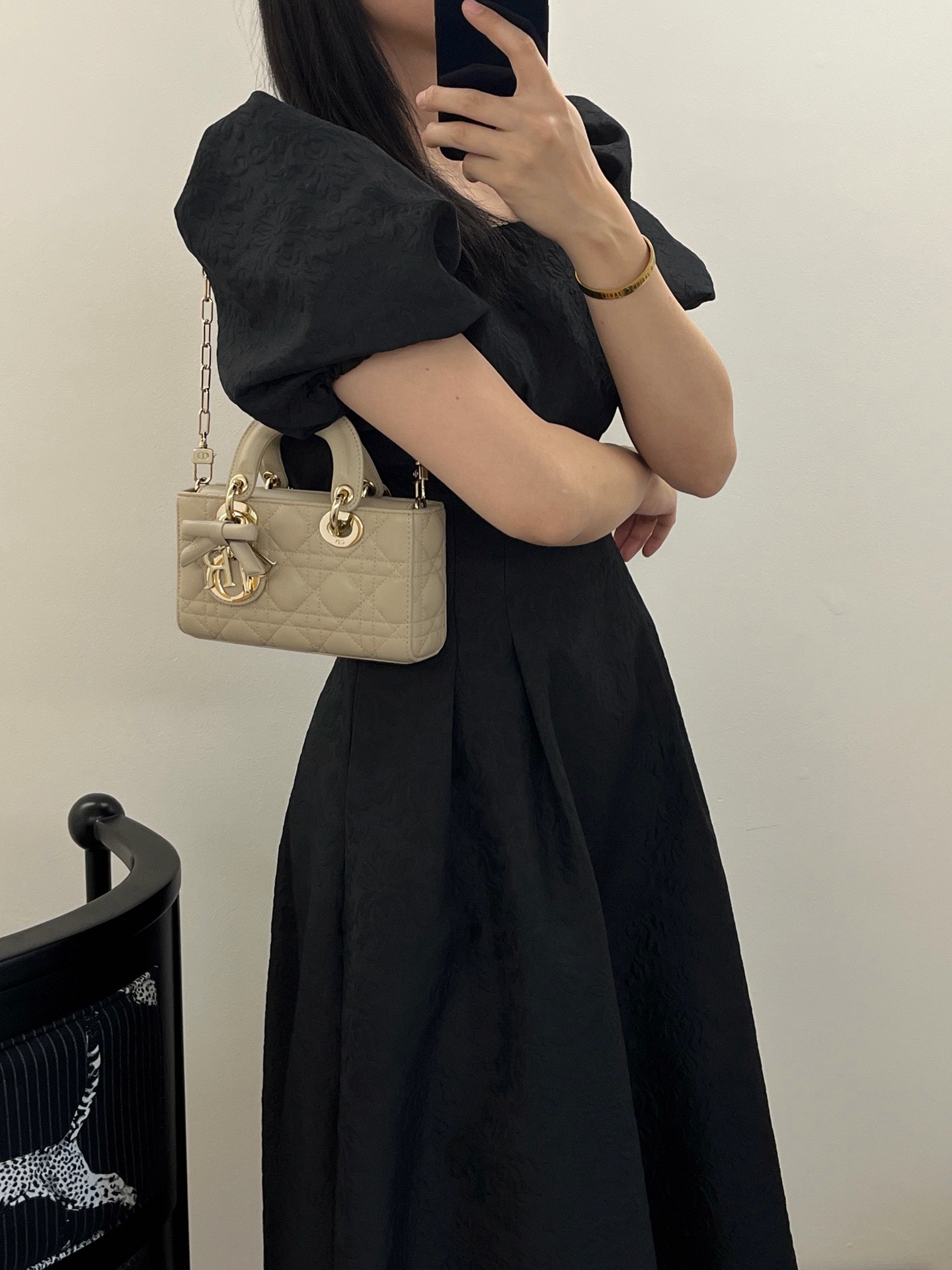 Wearing real shots of Dior mini Lady D-Joy cream apricot lambskin handbag