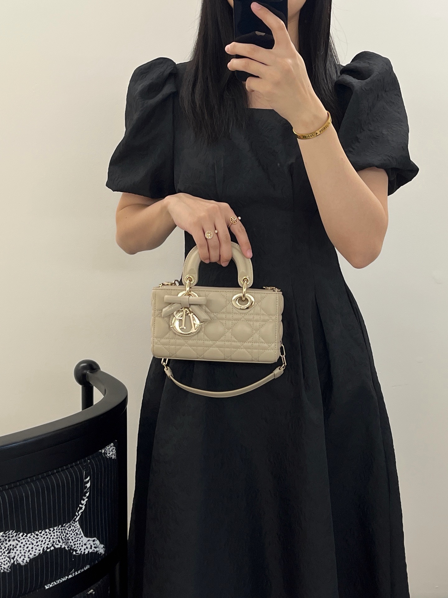 Wearing real shots of Dior mini Lady D-Joy cream apricot lambskin handbag