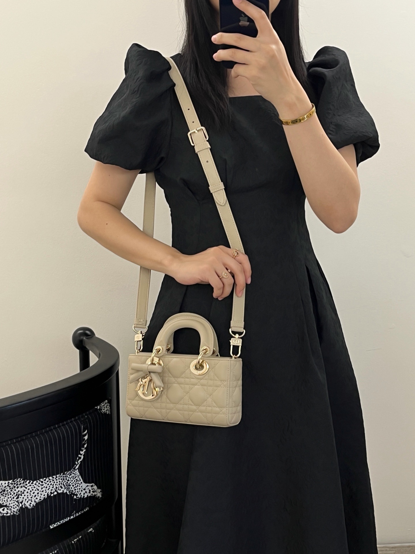 Wearing real shots of Dior mini Lady D-Joy cream apricot lambskin handbag
