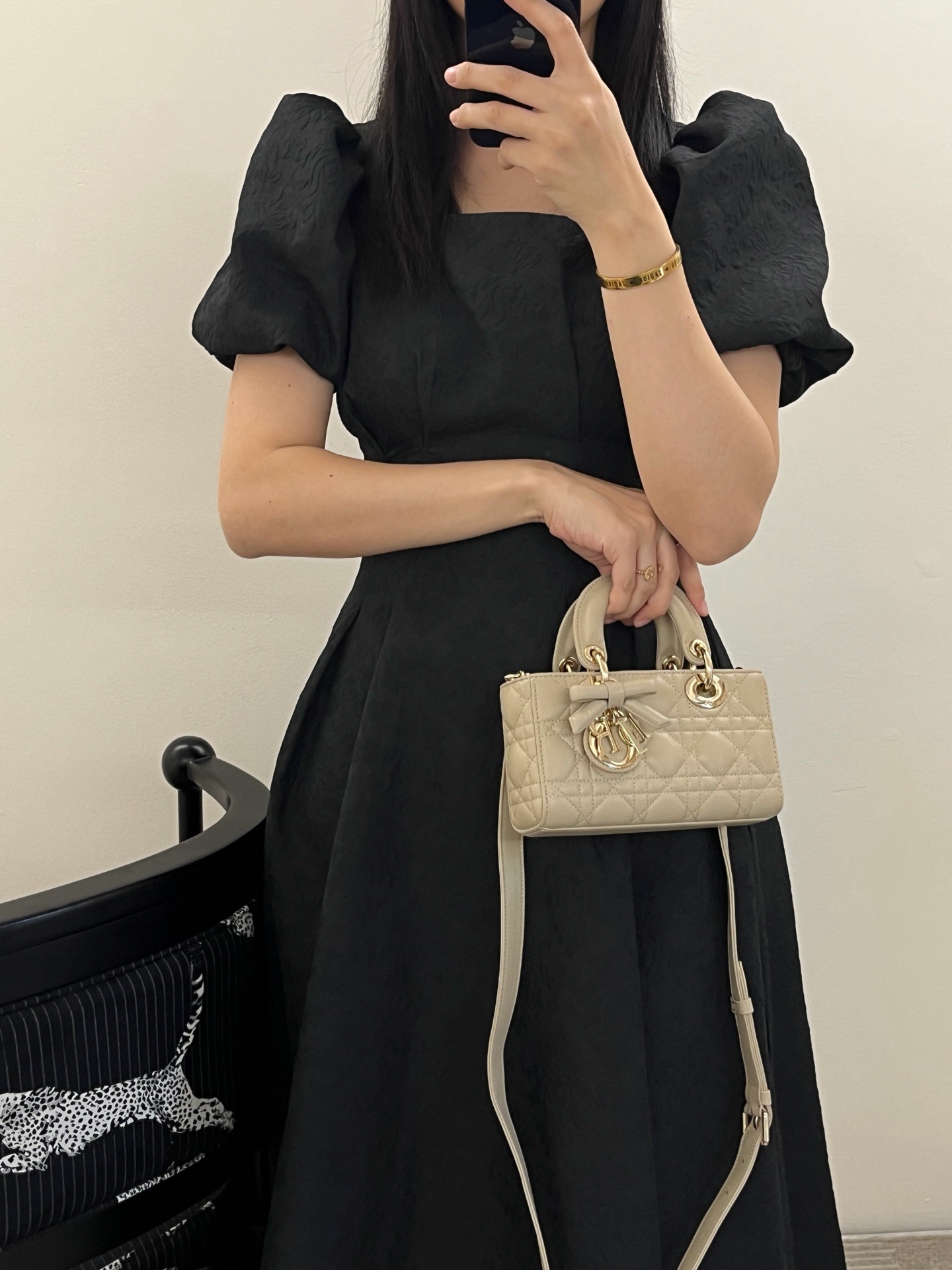 Wearing real shots of Dior mini Lady D-Joy cream apricot lambskin handbag