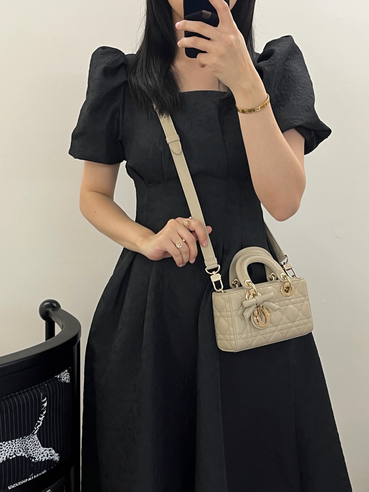 Wearing real shots of Dior mini Lady D-Joy cream apricot lambskin handbag