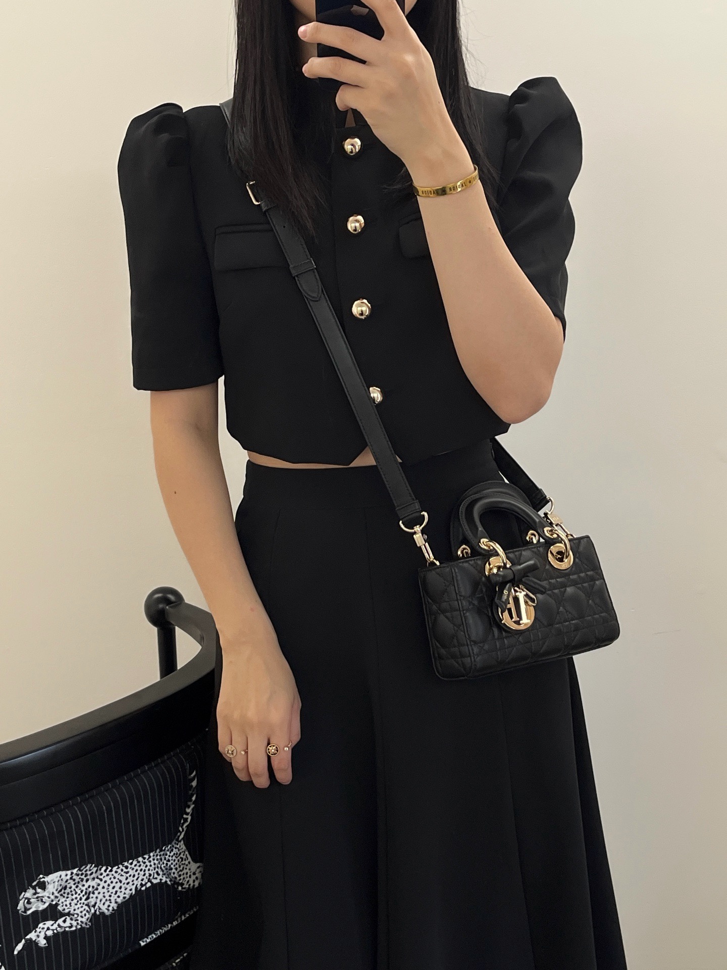 Real wearing photos of Dior mini Lady D-Joy black lambskin cannage handbag