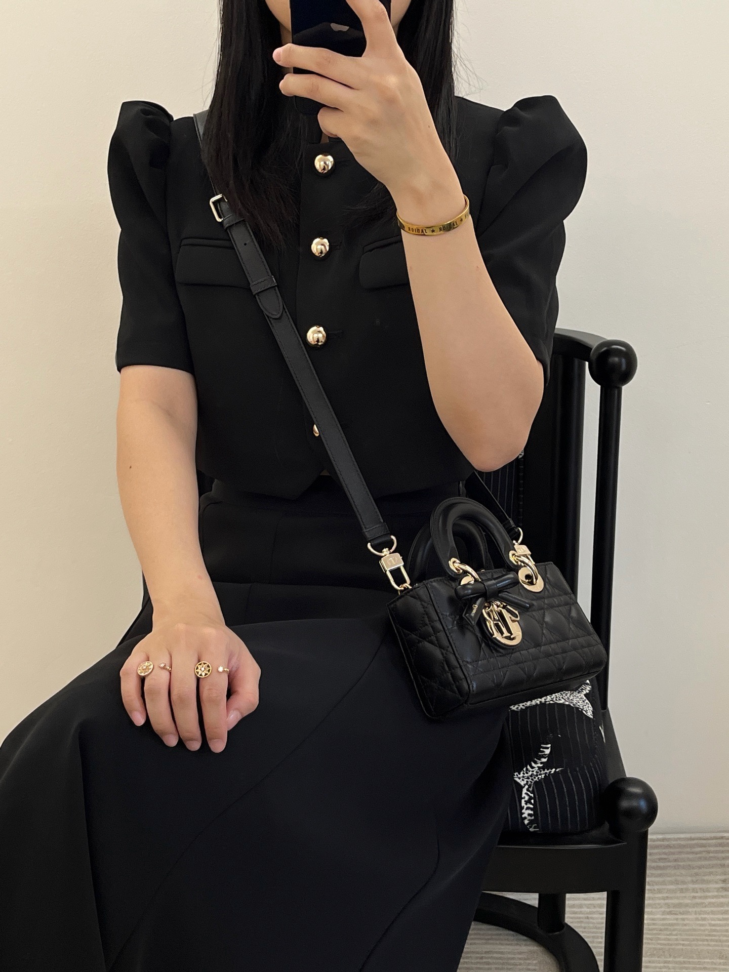 Real wearing photos of Dior mini Lady D-Joy black lambskin cannage handbag