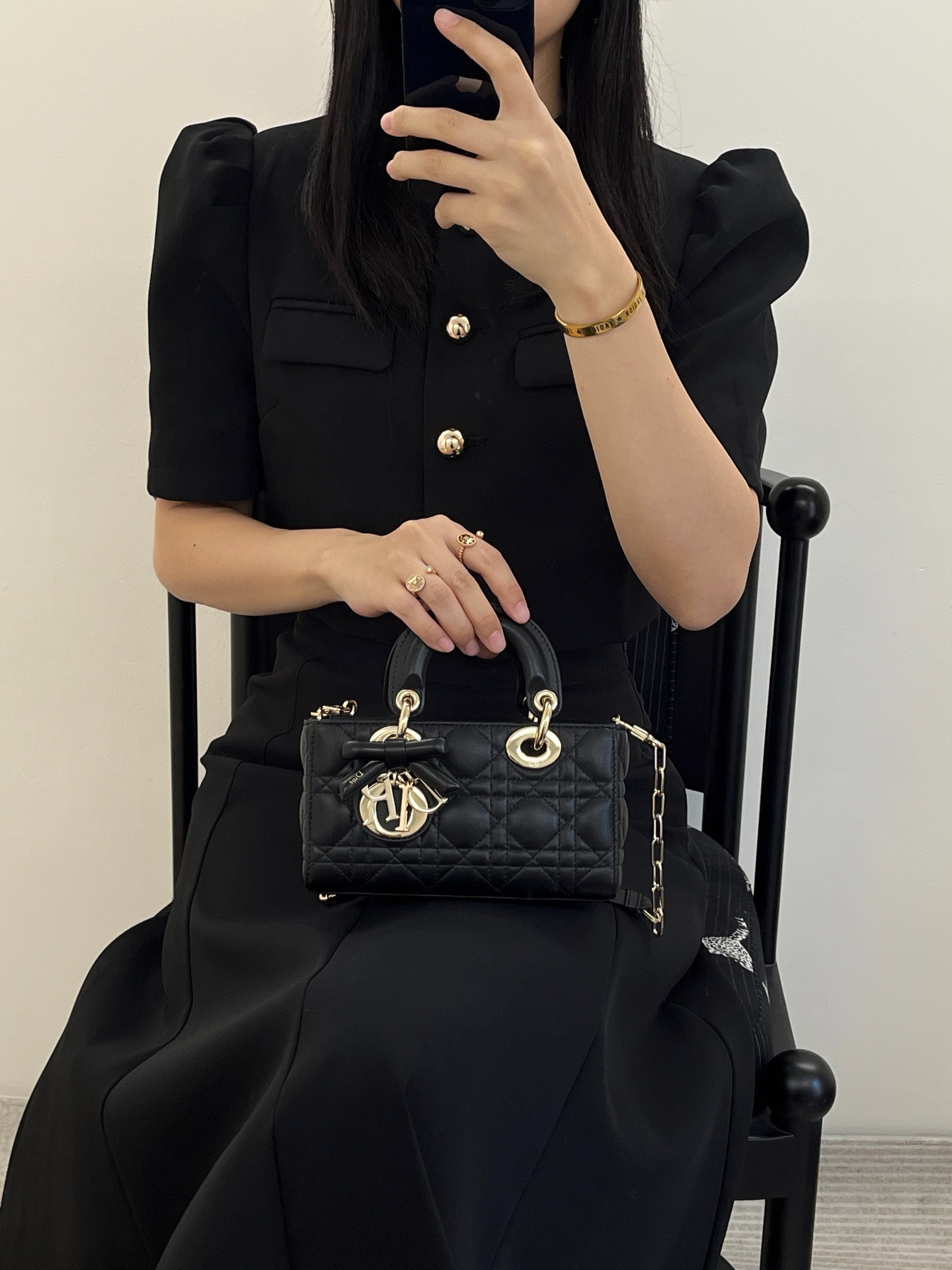 Real wearing photos of Dior mini Lady D-Joy black lambskin cannage handbag