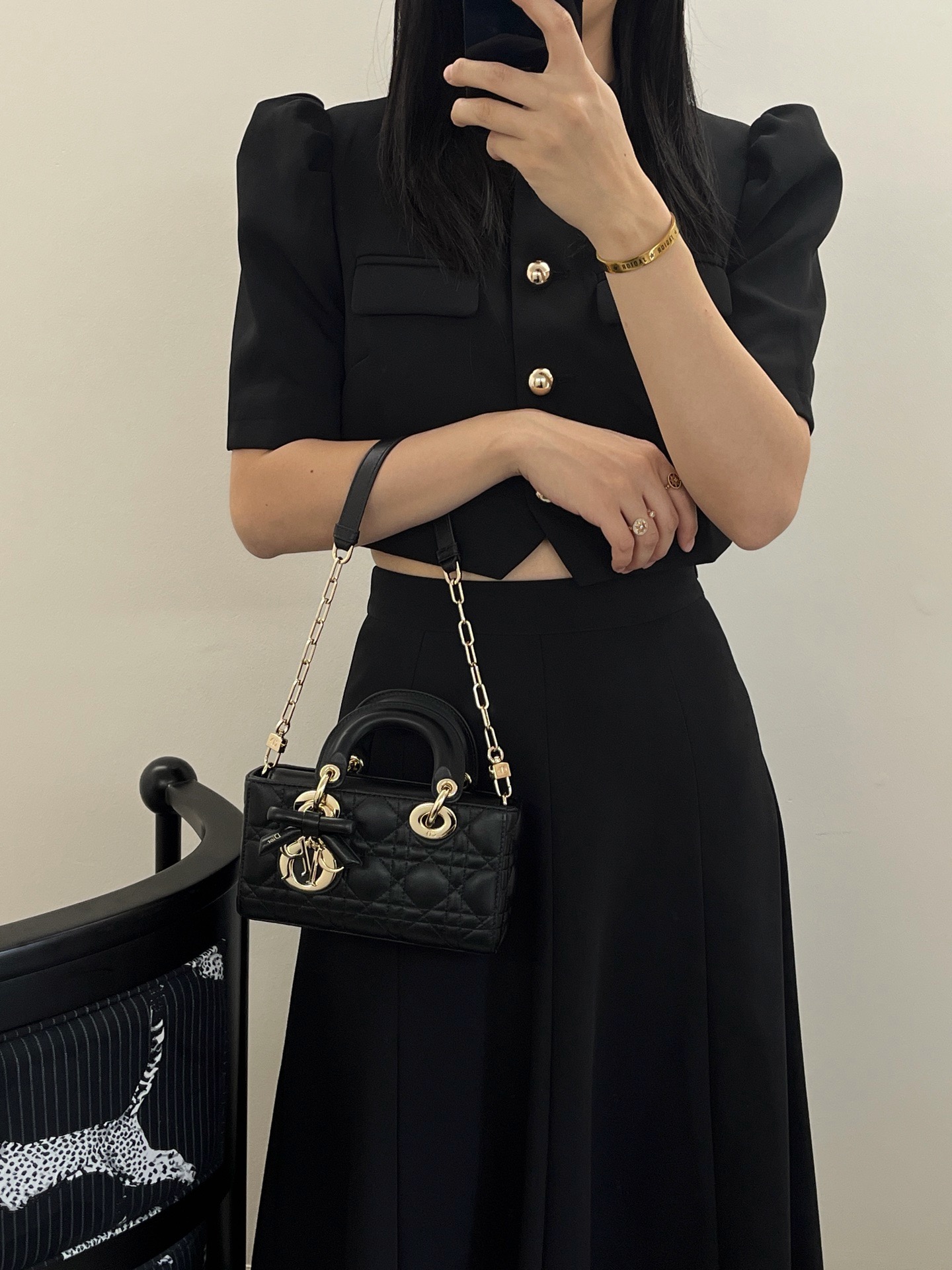 Real wearing photos of Dior mini Lady D-Joy black lambskin cannage handbag