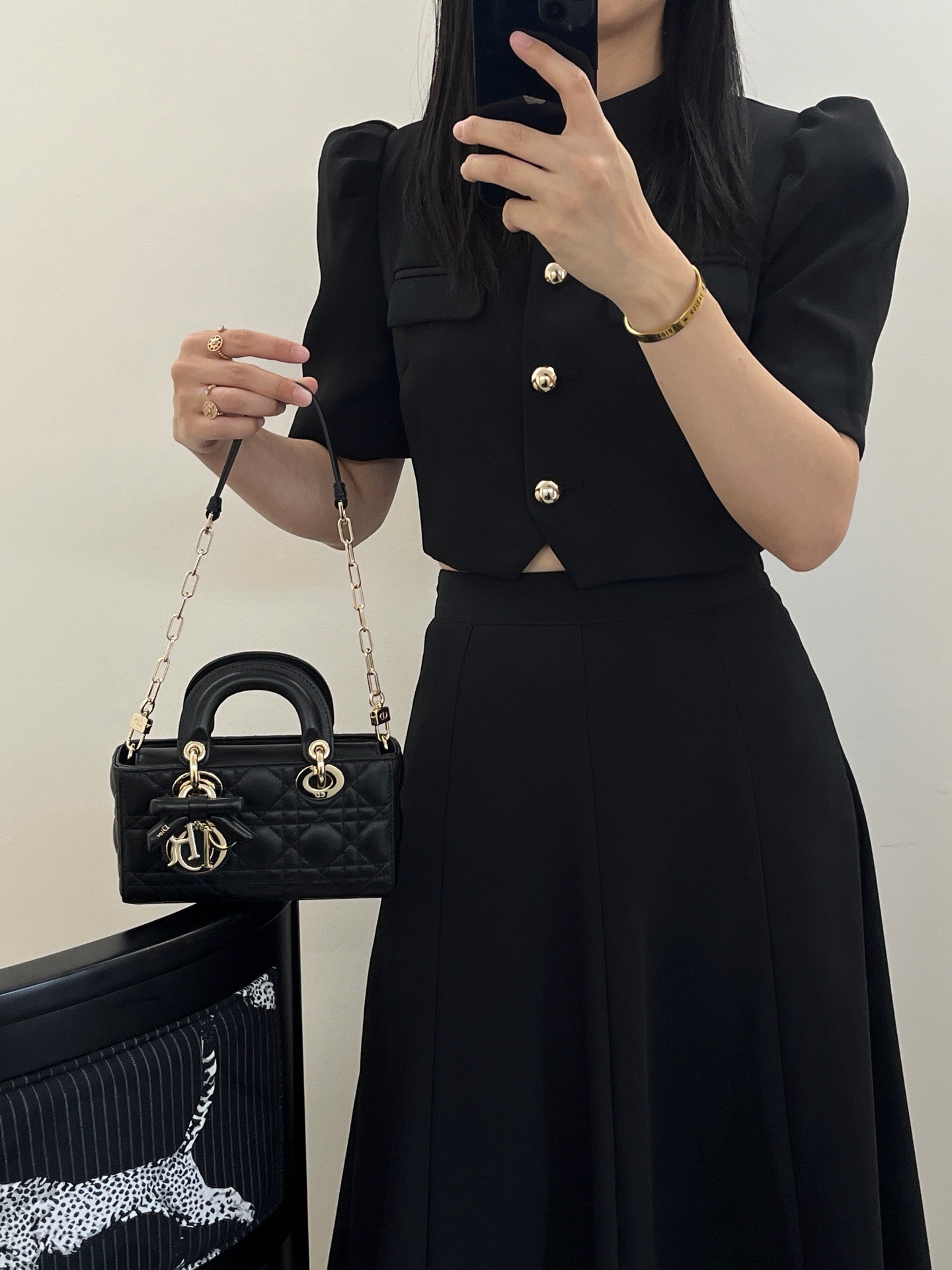 Real wearing photos of Dior mini Lady D-Joy black lambskin cannage handbag