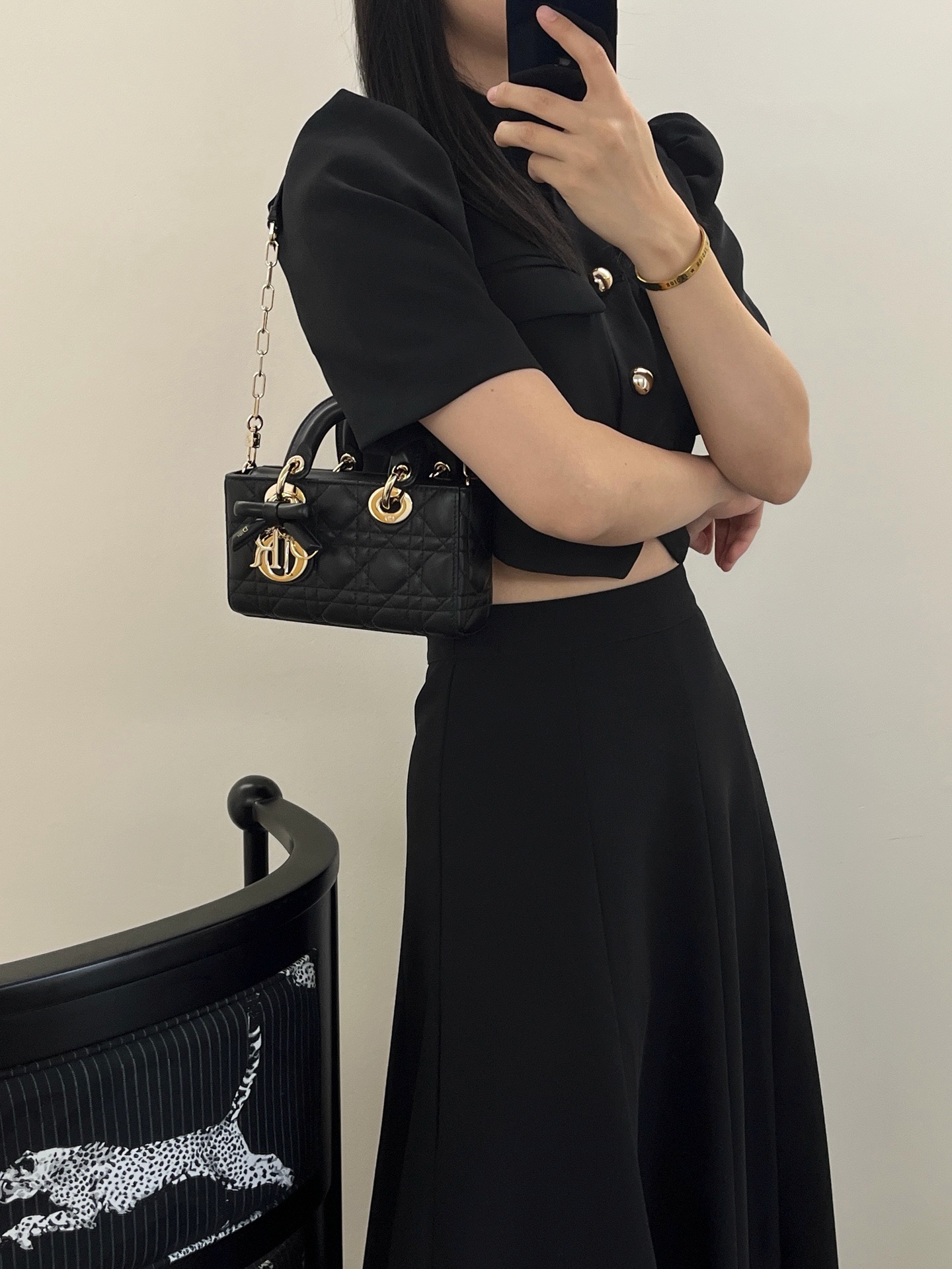 Real wearing photos of Dior mini Lady D-Joy black lambskin cannage handbag
