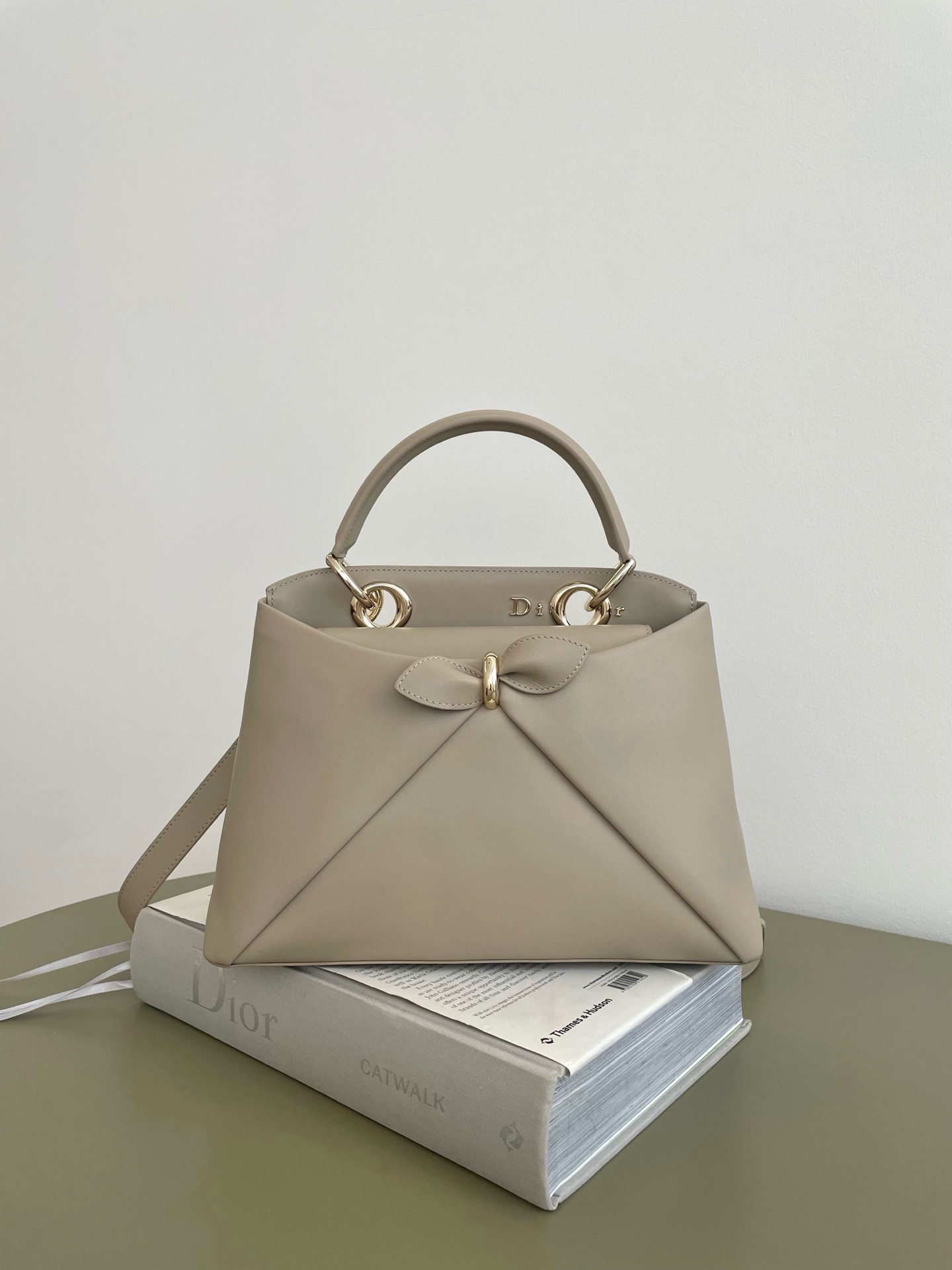 Dior Cigale Milk Tea Calfskin Bow Handbag