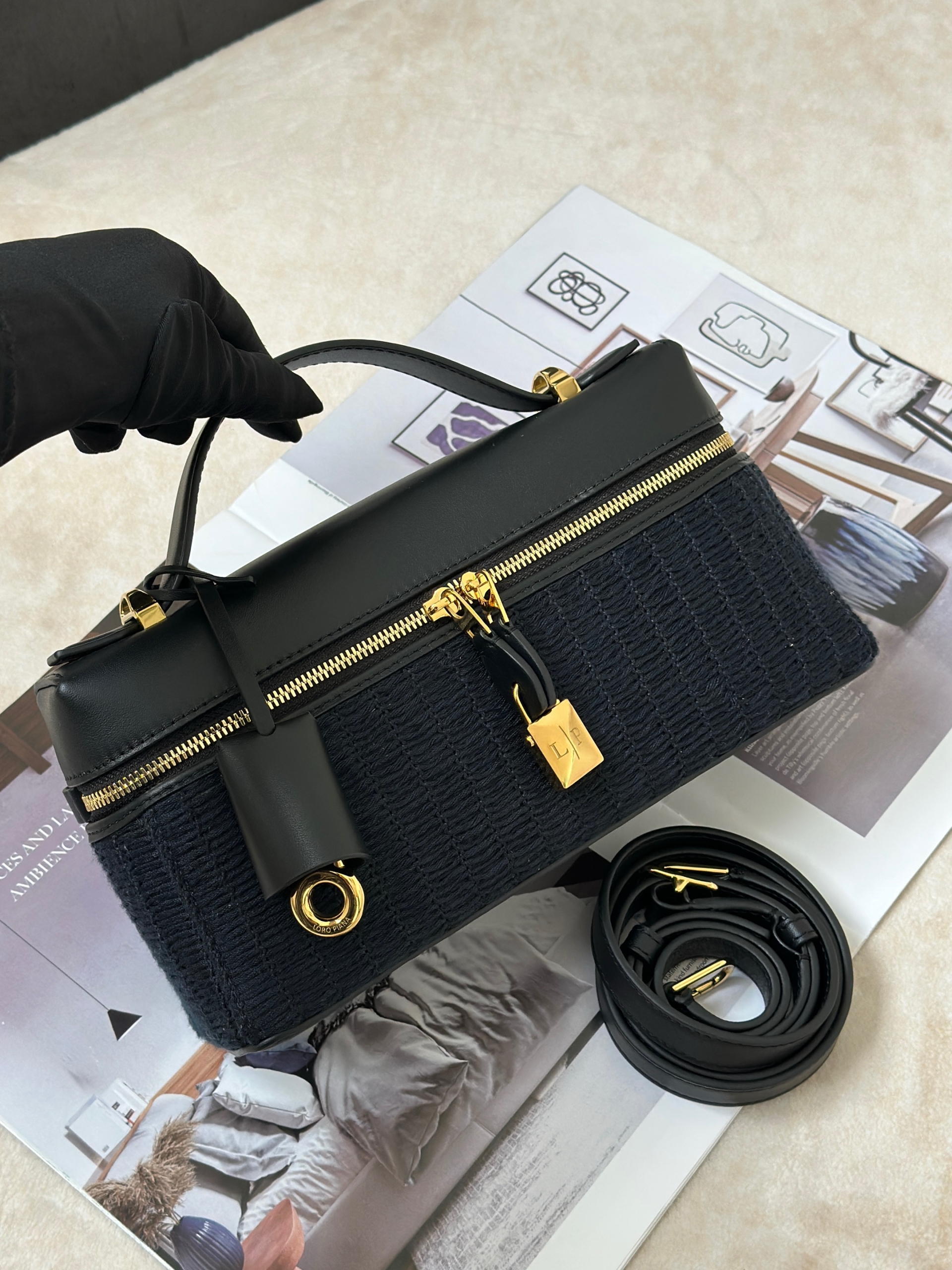 Loro Piana black knit leather Extra Bag L23 lunch box bag