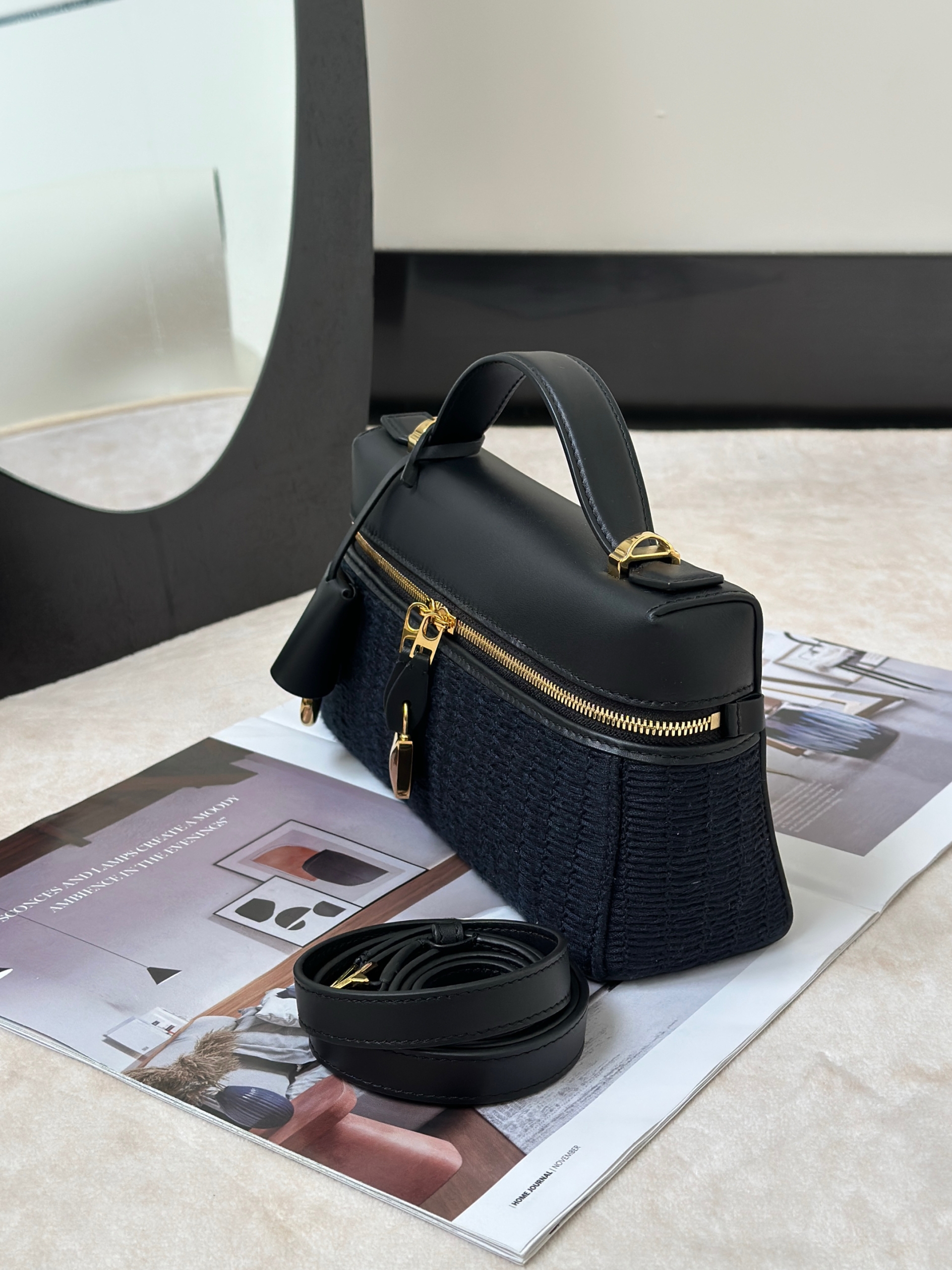 Loro Piana black knit leather Extra Bag L23 lunch box bag