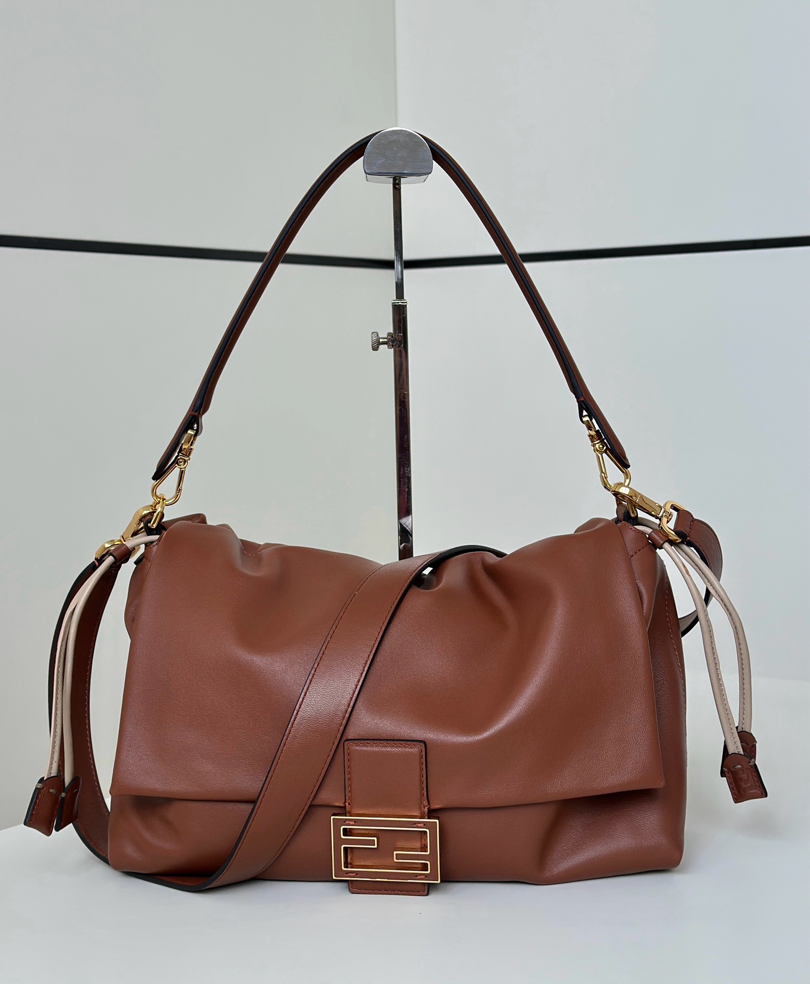 Fendi coffee‑brown lambskin Mamma Baguette Soft large women's shoulder bag