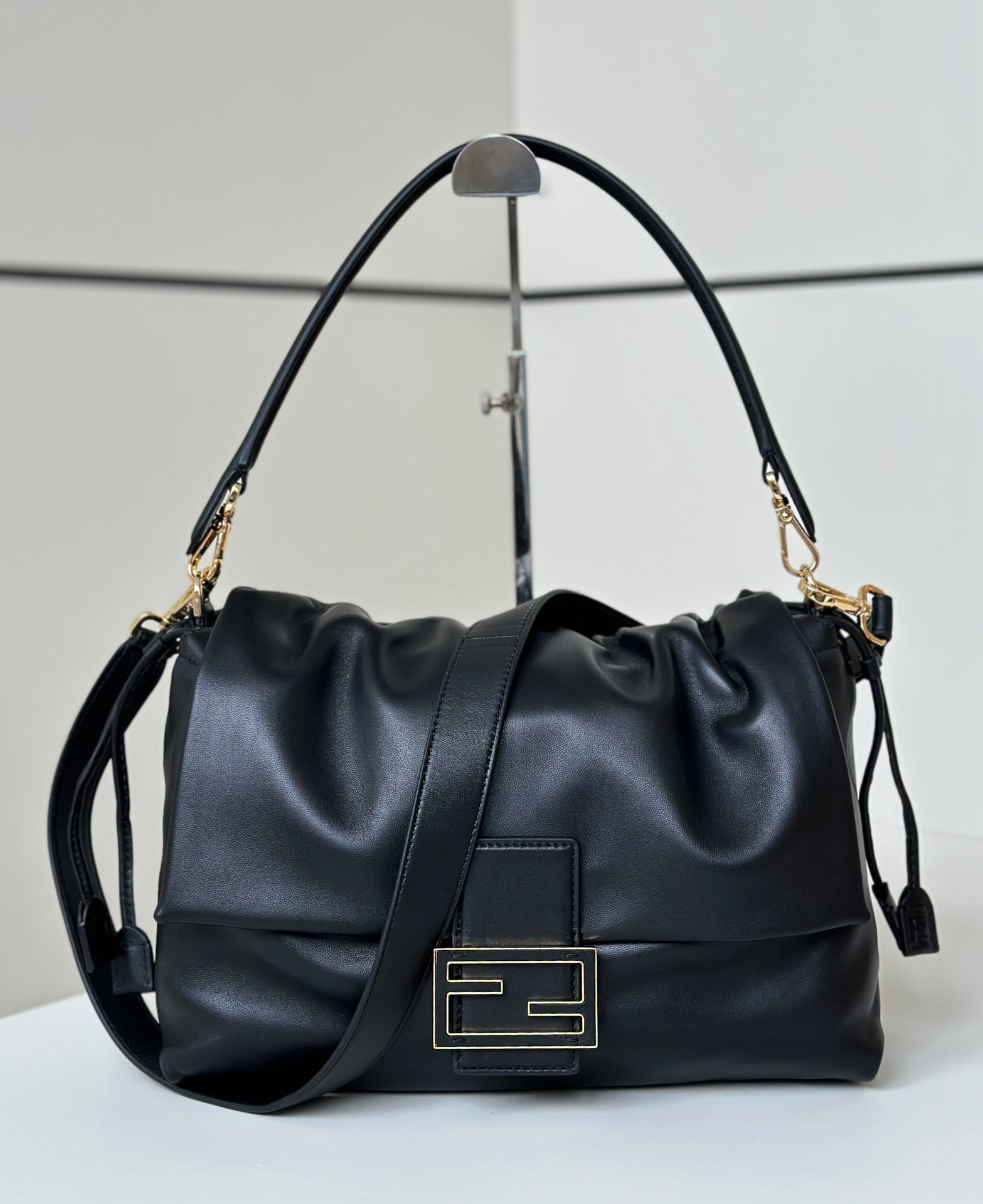 Fendi black lambskin Baguette Soft large women's shoulder bag