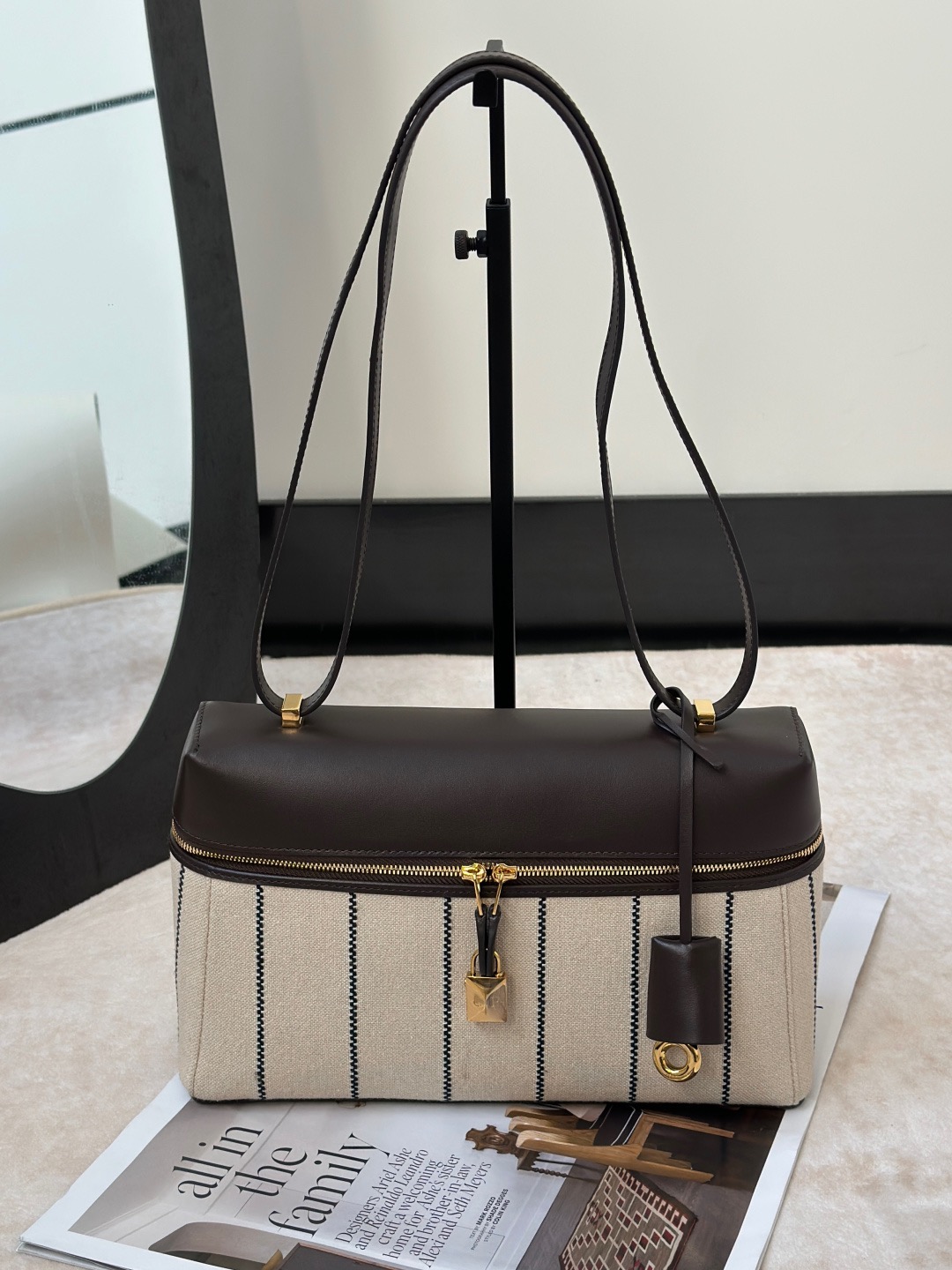 Loro Piana striped canvas cowhide lunch box bag