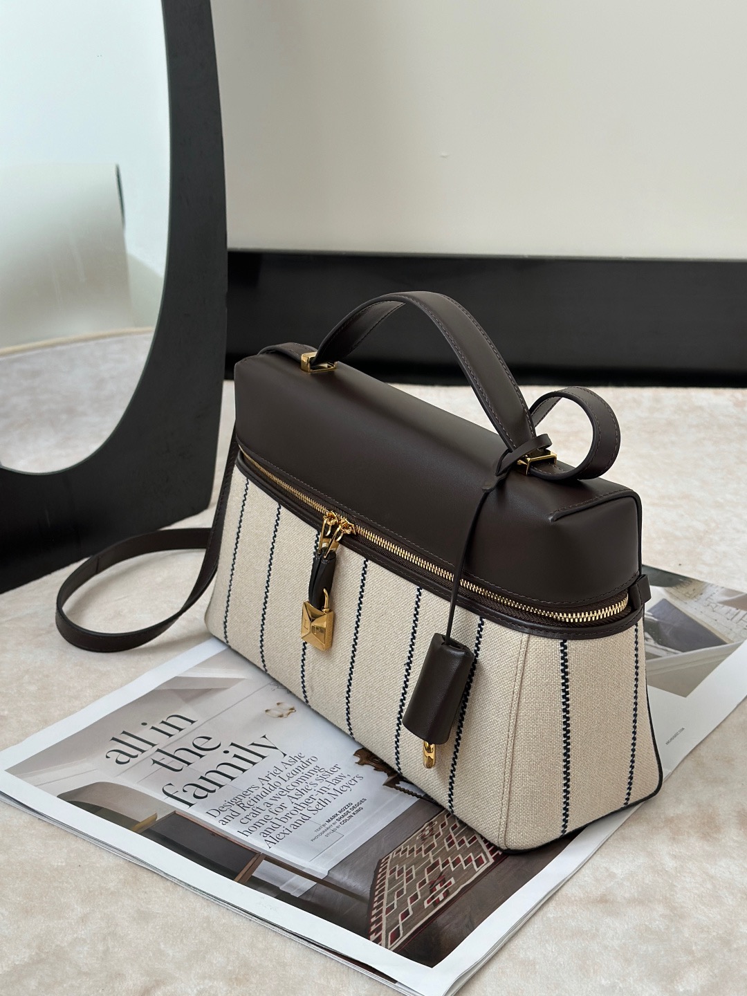 Loro Piana striped canvas cowhide lunch box bag