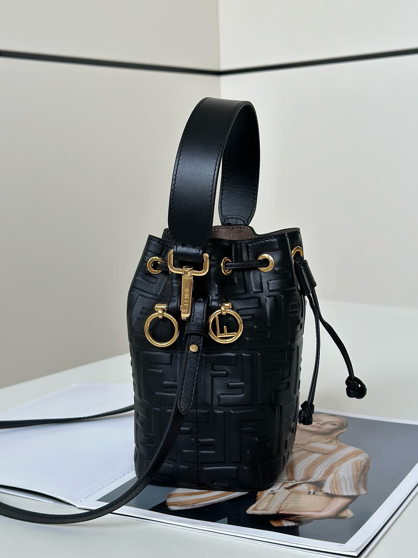 Fendi black calfskin mini bucket bag
