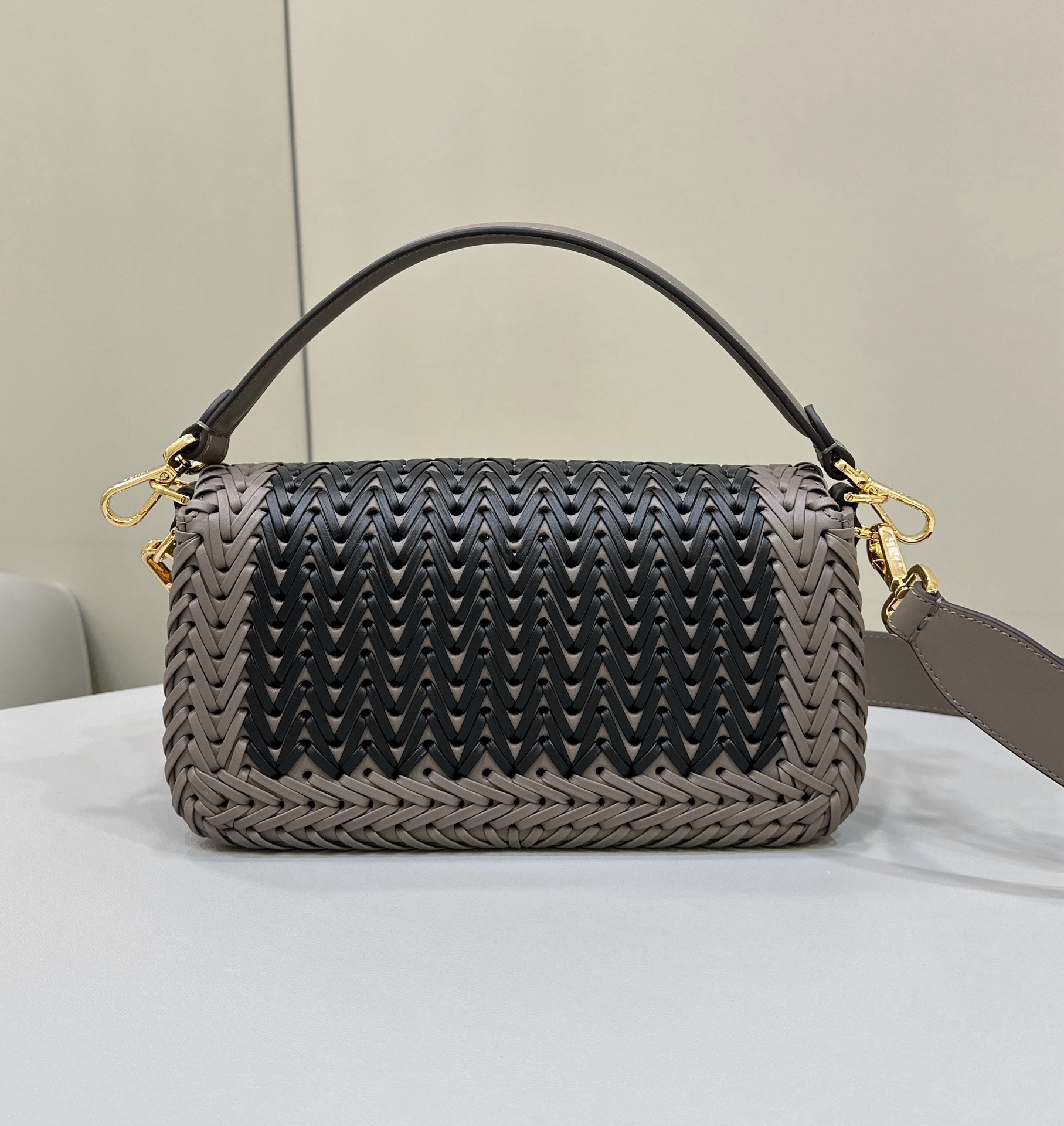 Fendi Baguette grey black color block handwoven baguette bag