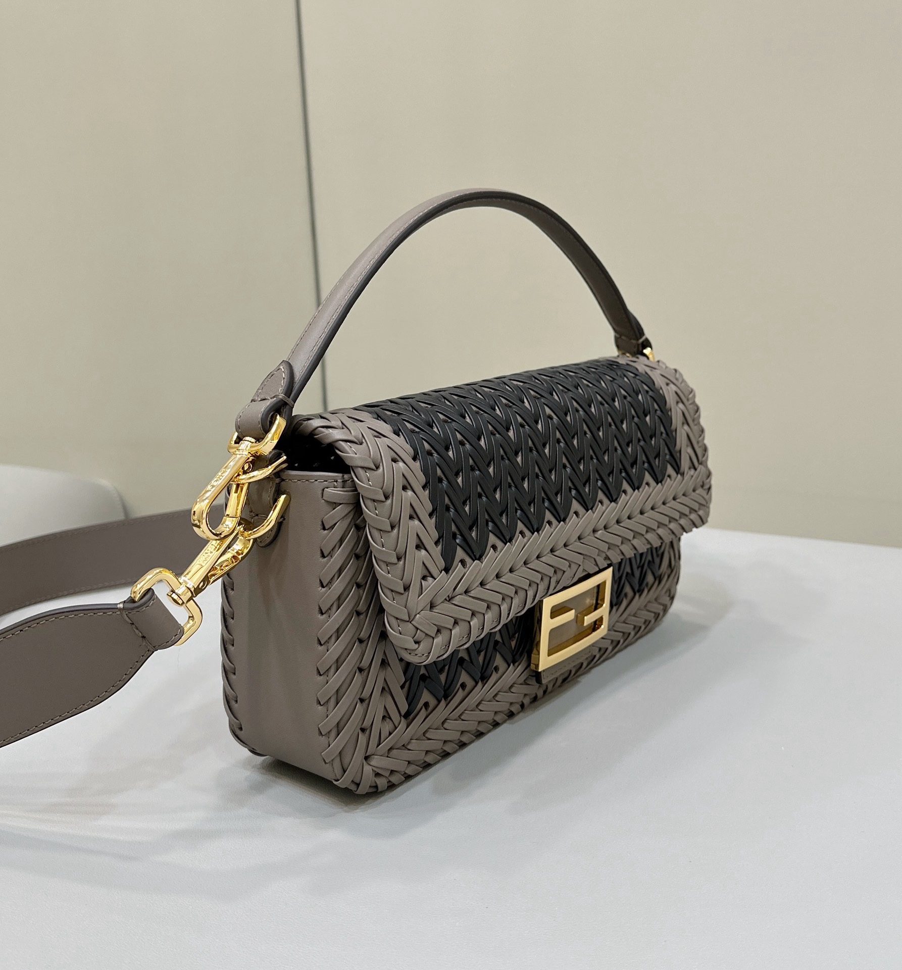 Fendi Baguette grey black color block handwoven baguette bag