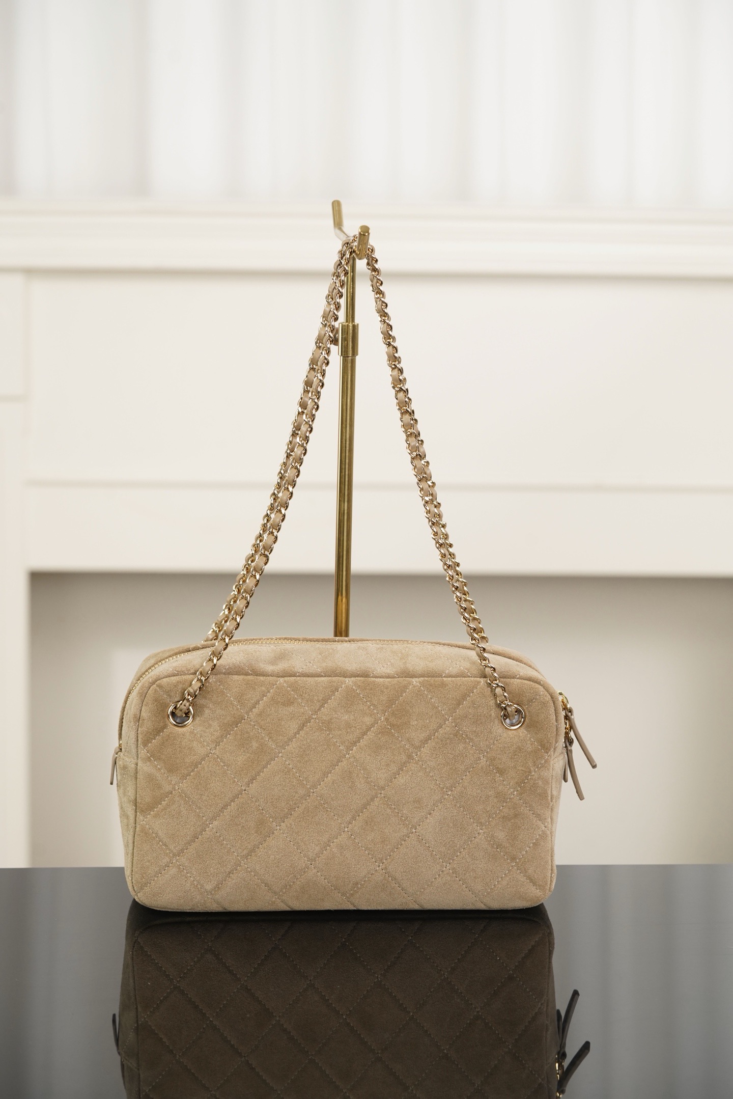 Chanel beige suede diamond quilt camera bag