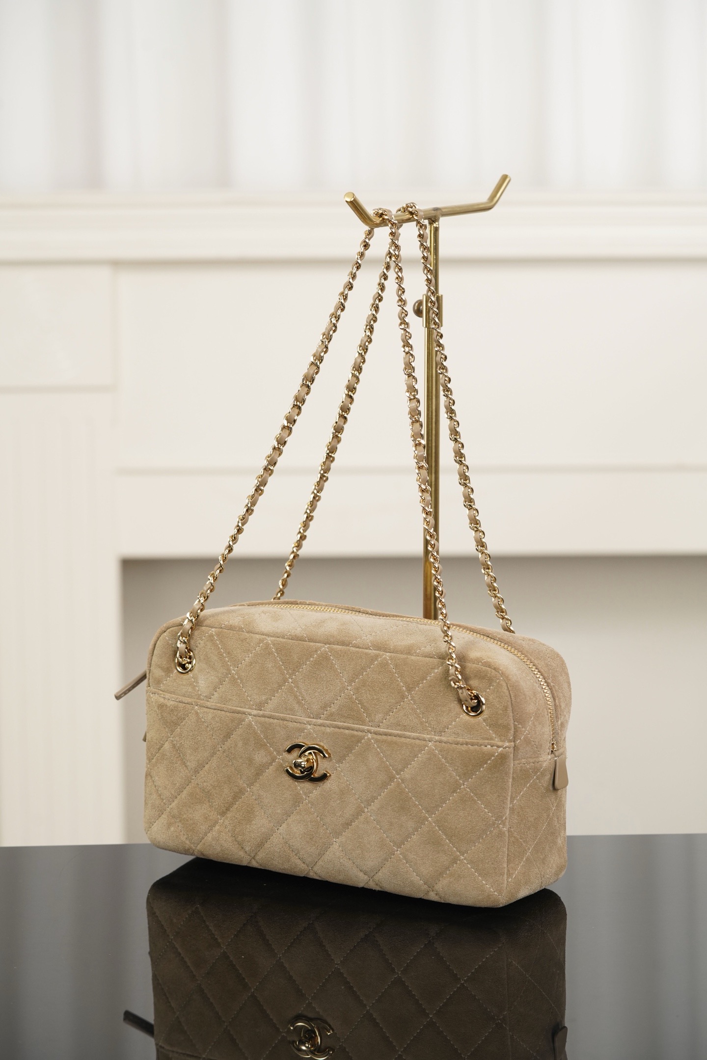 Chanel beige suede diamond quilt camera bag