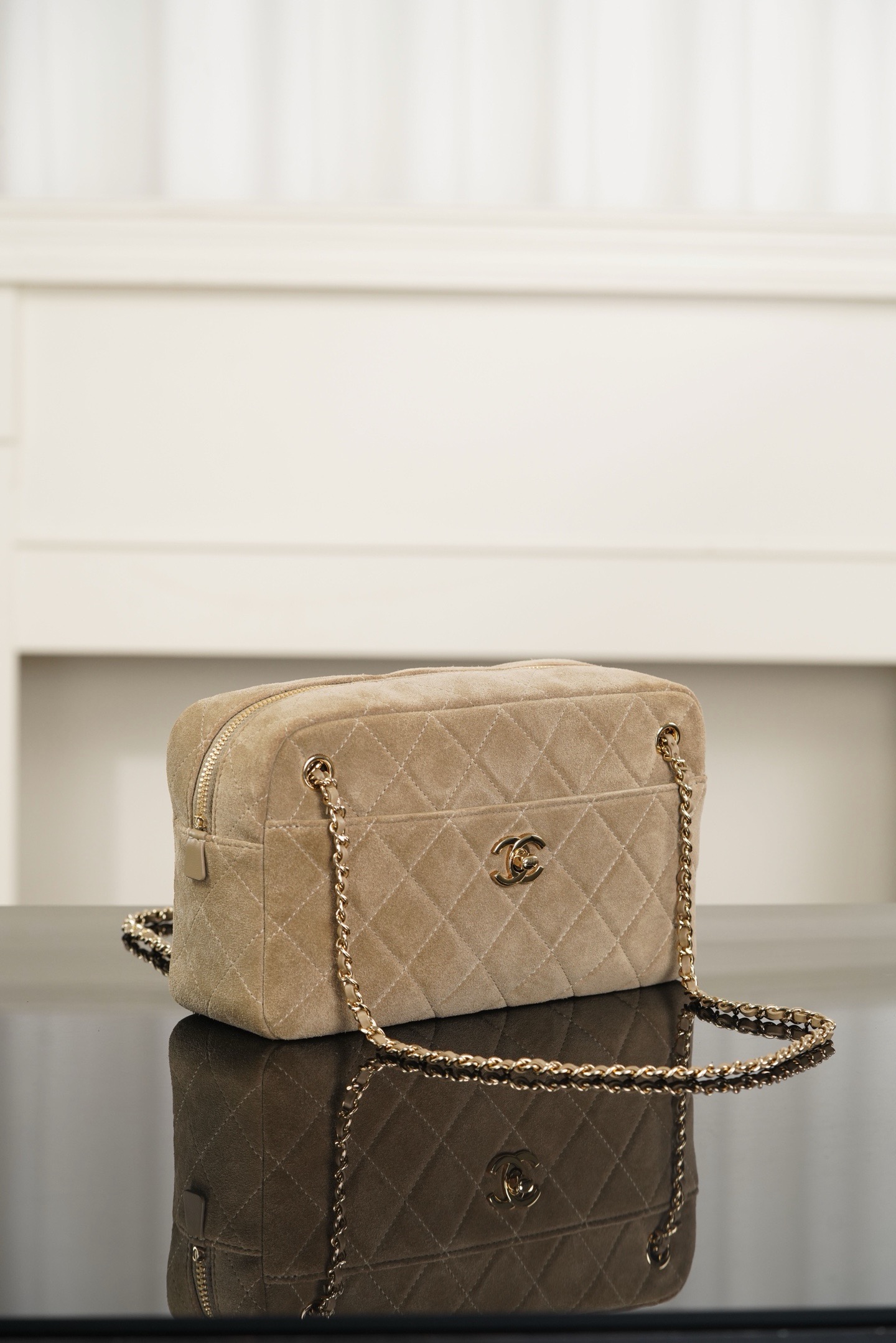 Chanel beige suede diamond quilt camera bag