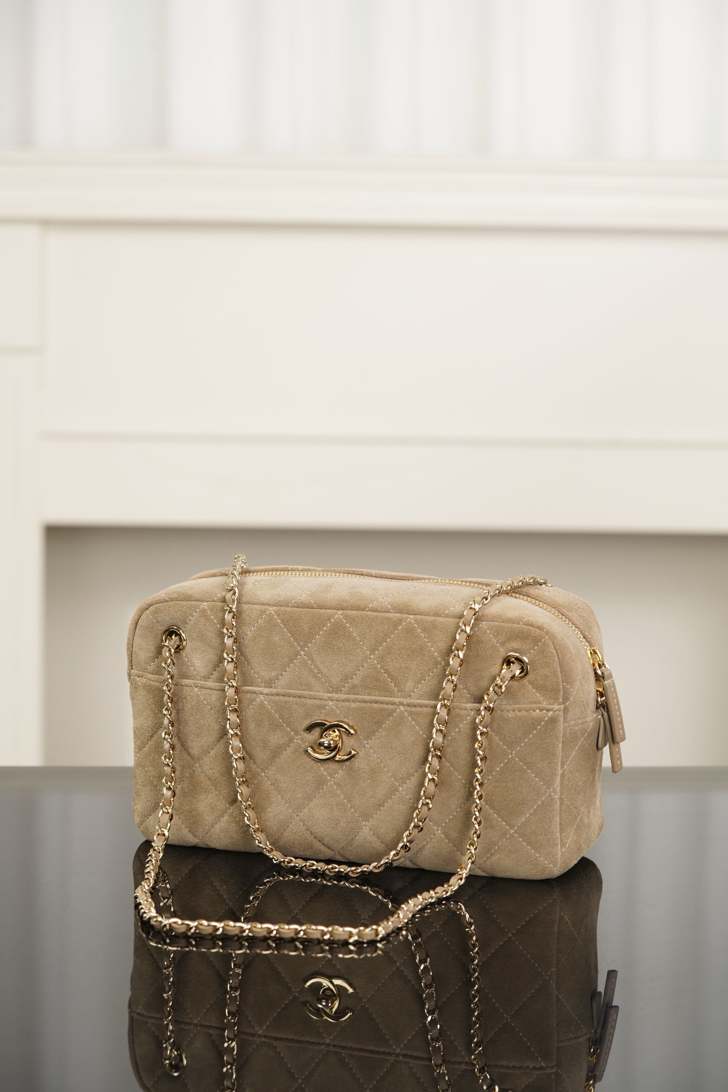 Chanel beige suede diamond quilt camera bag
