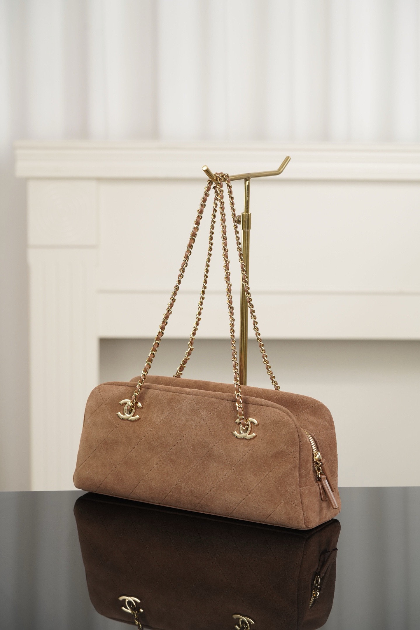 Chanel brown quilted suede long baguette bag