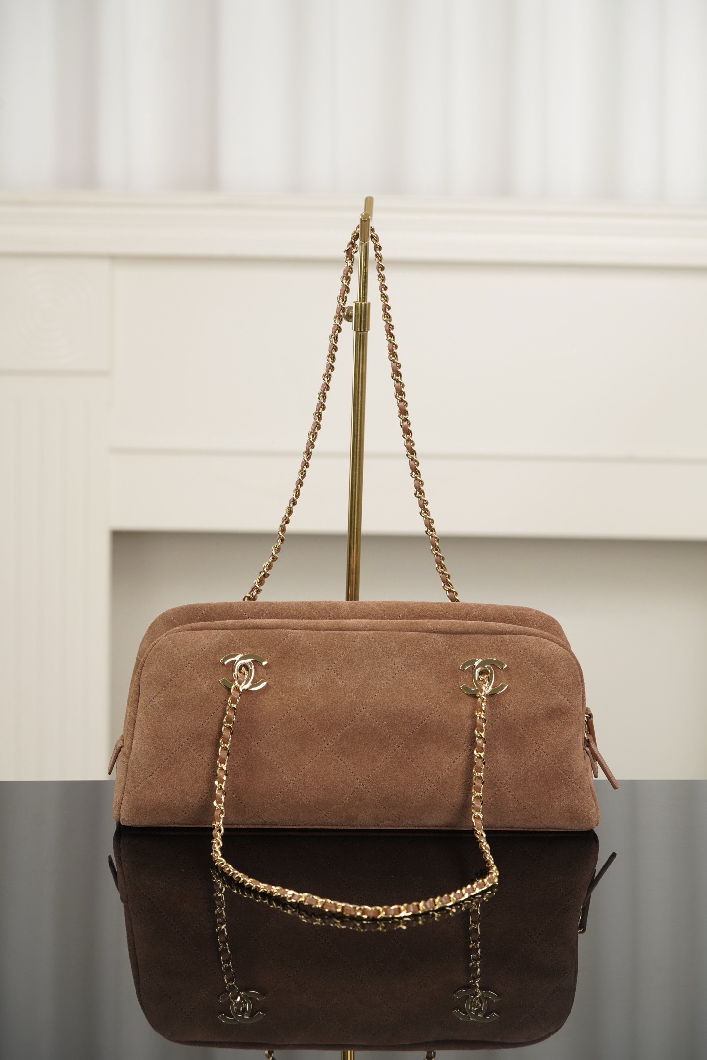 Chanel brown quilted suede long baguette bag