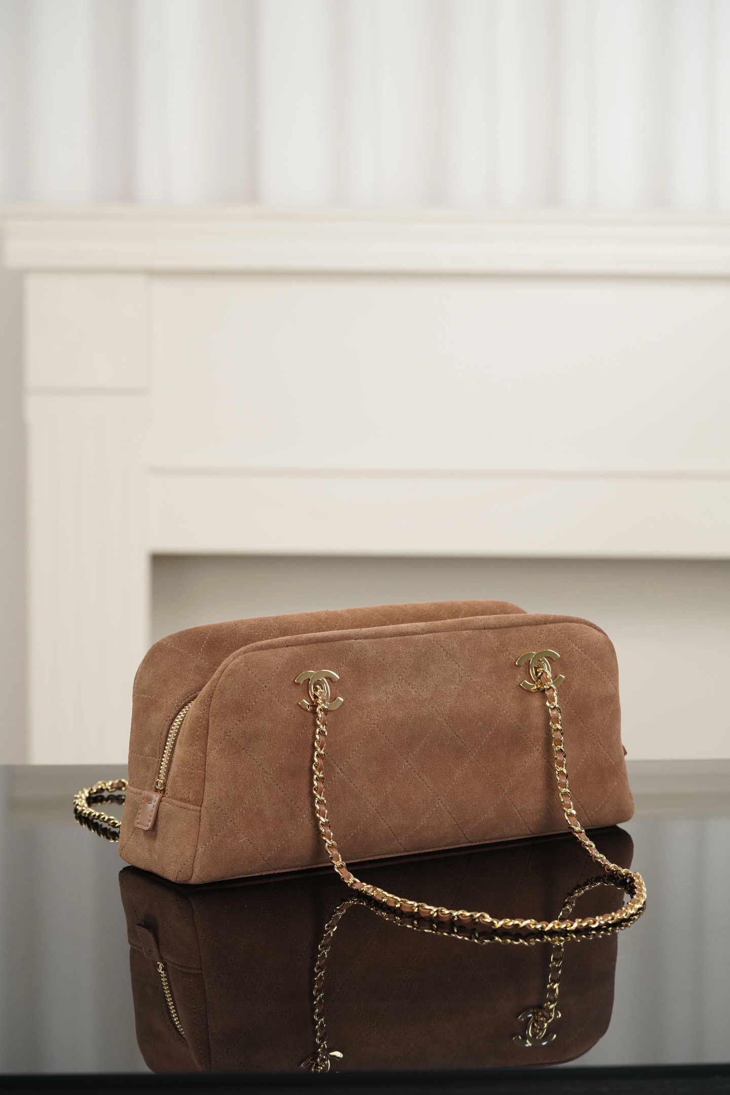 Chanel brown quilted suede long baguette bag