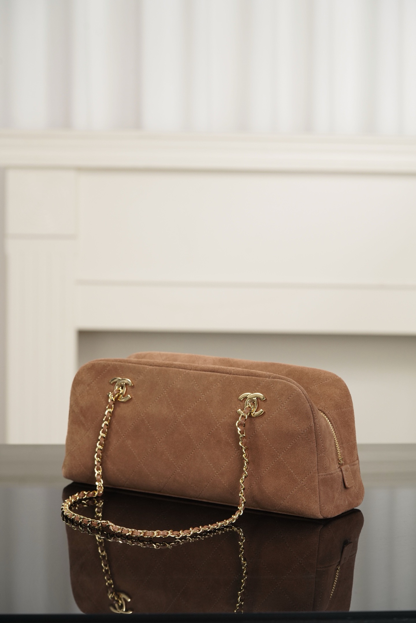 Chanel brown quilted suede long baguette bag