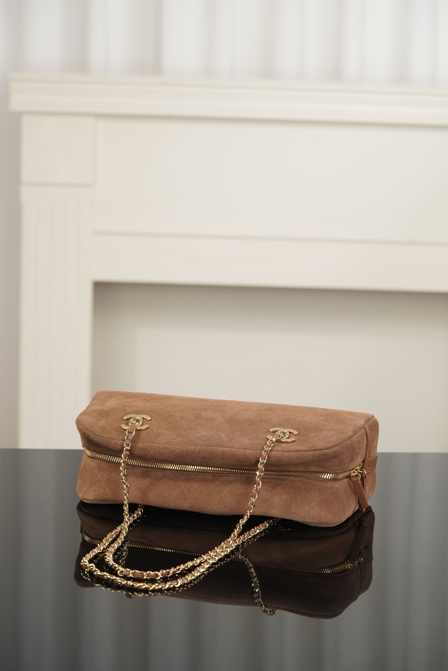 Chanel brown quilted suede long baguette bag