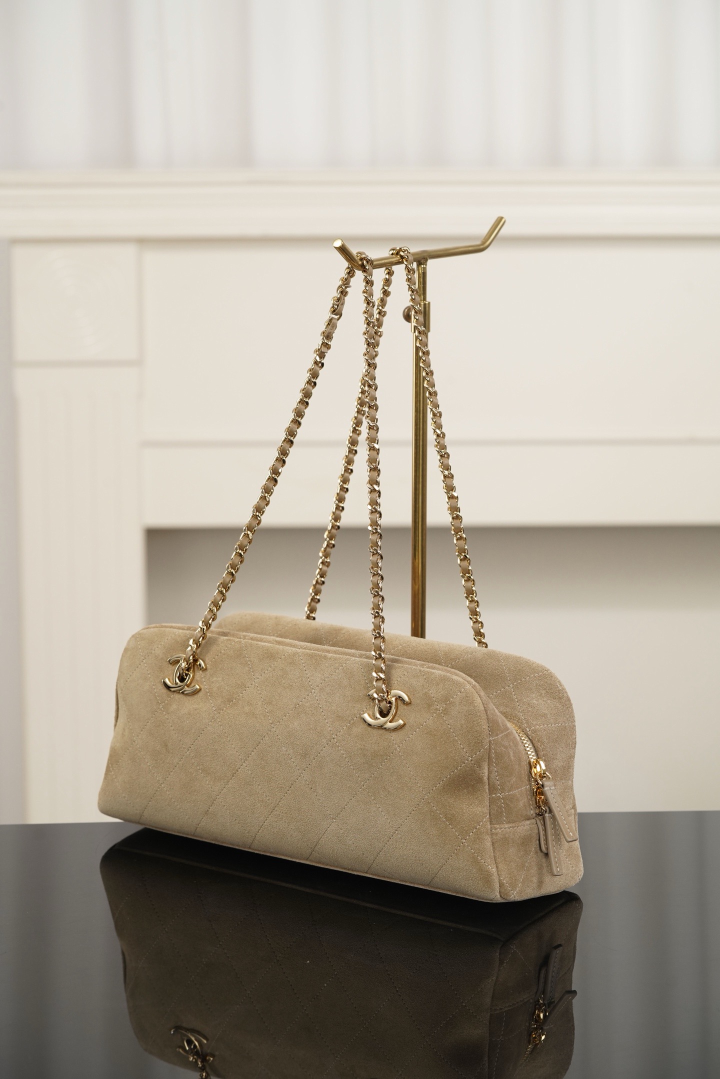 Chanel beige quilted suede long baguette bag
