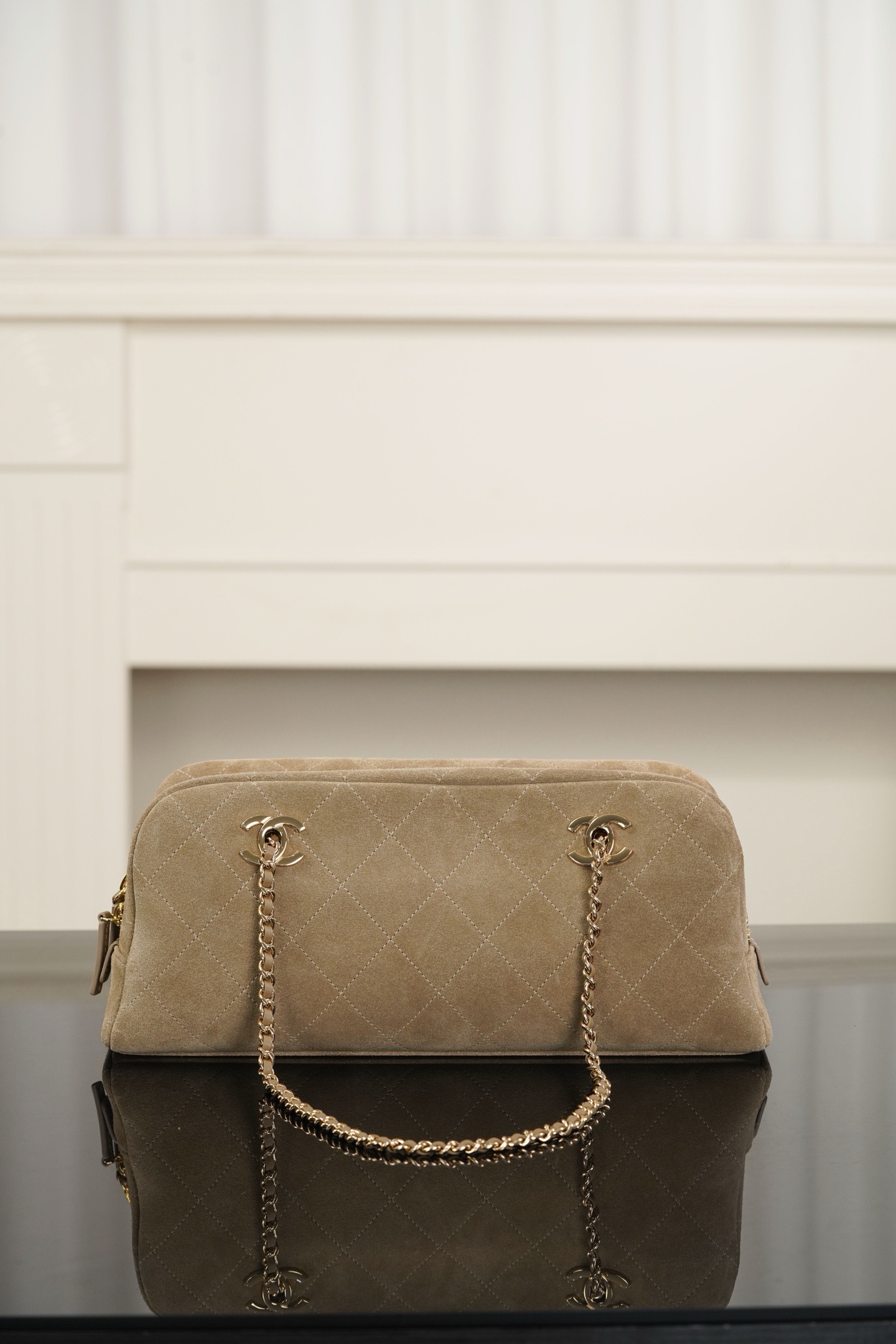 Chanel beige quilted suede long baguette bag