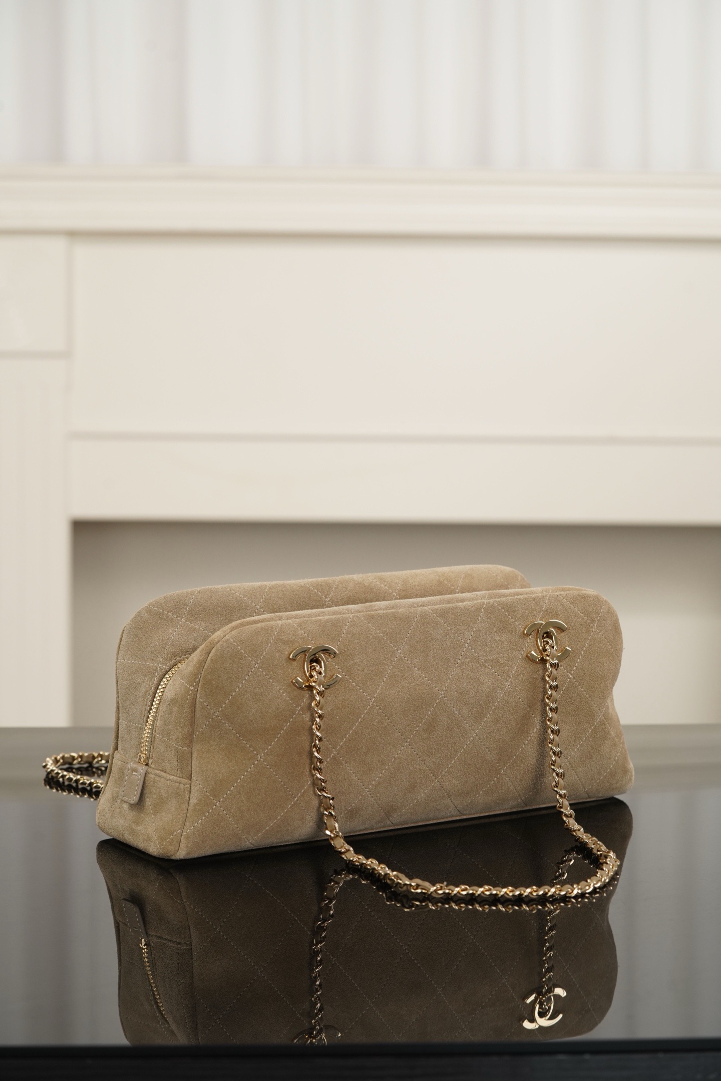 Chanel beige quilted suede long baguette bag