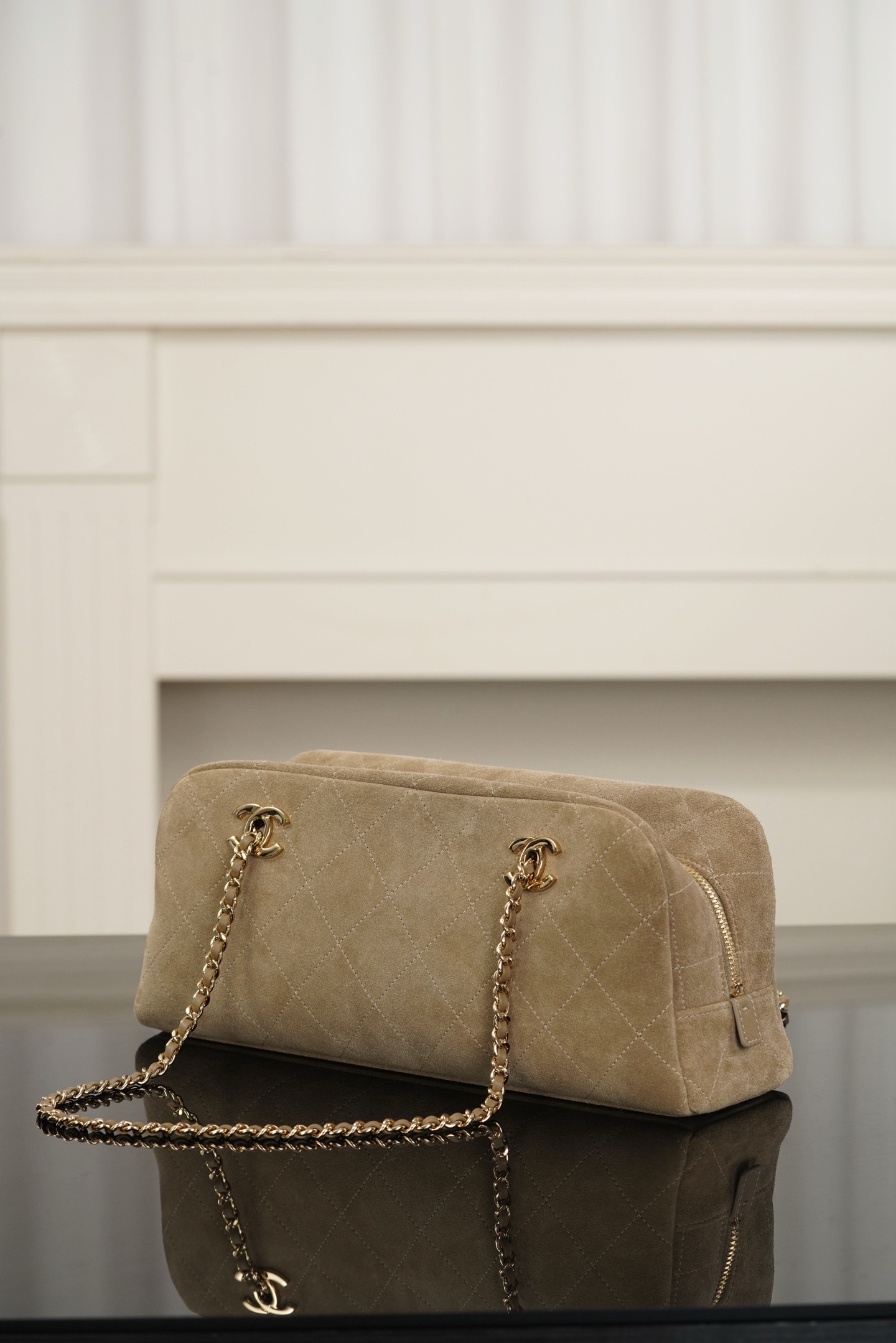 Chanel beige quilted suede long baguette bag