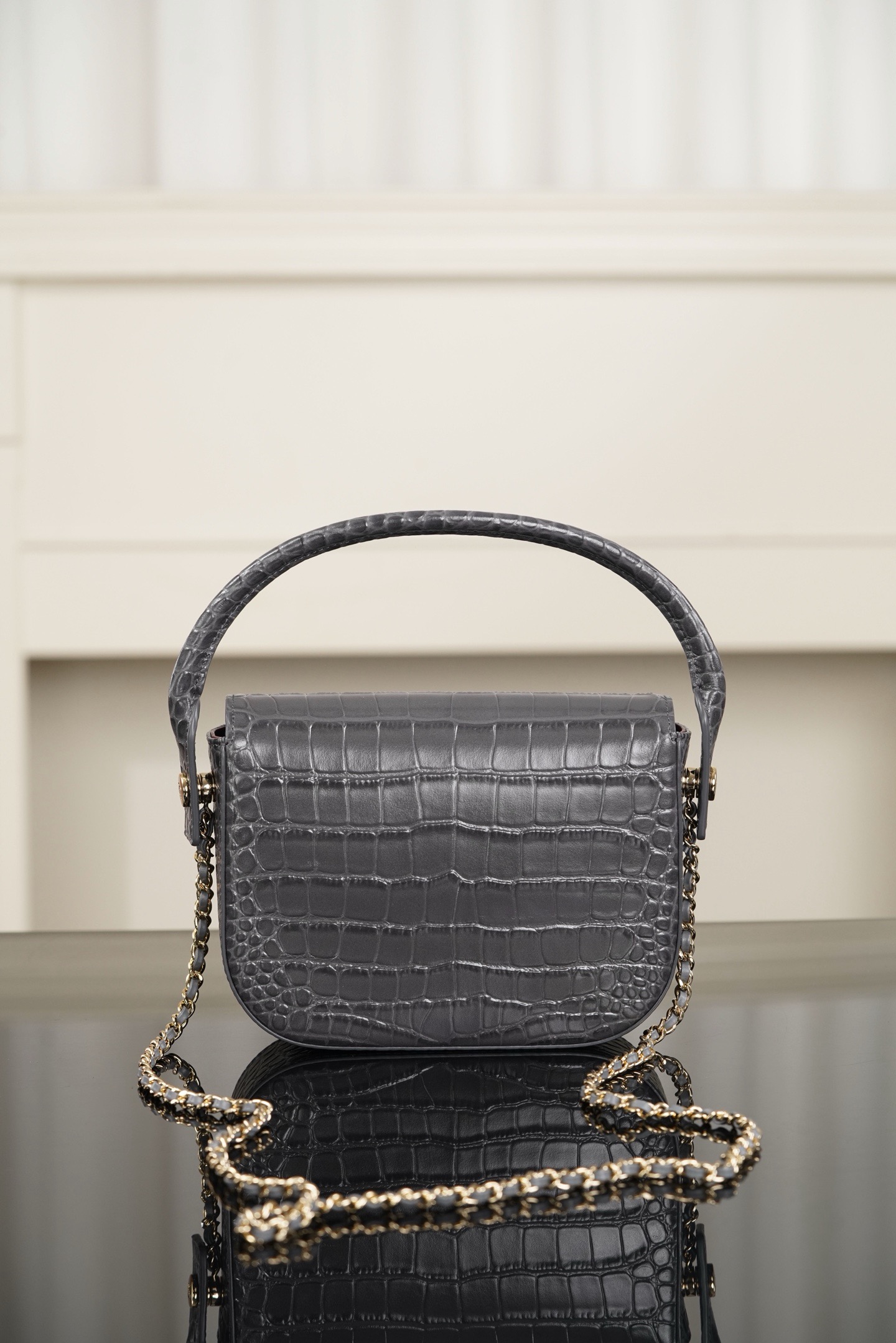 Chanel dark grey crocodile embossed leather mini handbag