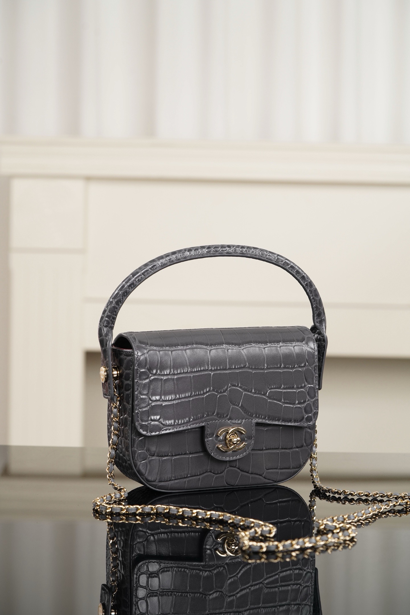Chanel dark grey crocodile embossed leather mini handbag