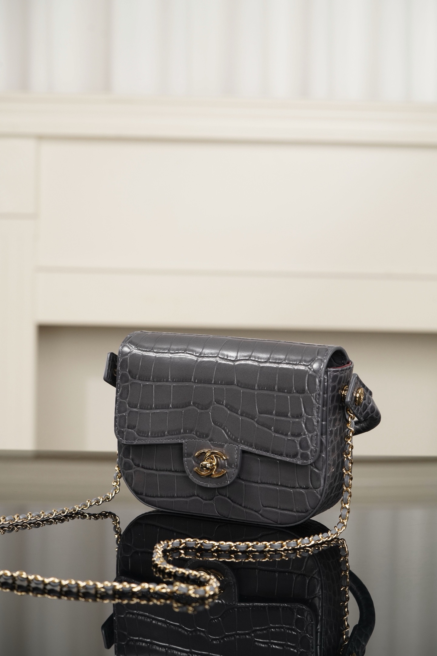 Chanel dark grey crocodile embossed leather mini handbag