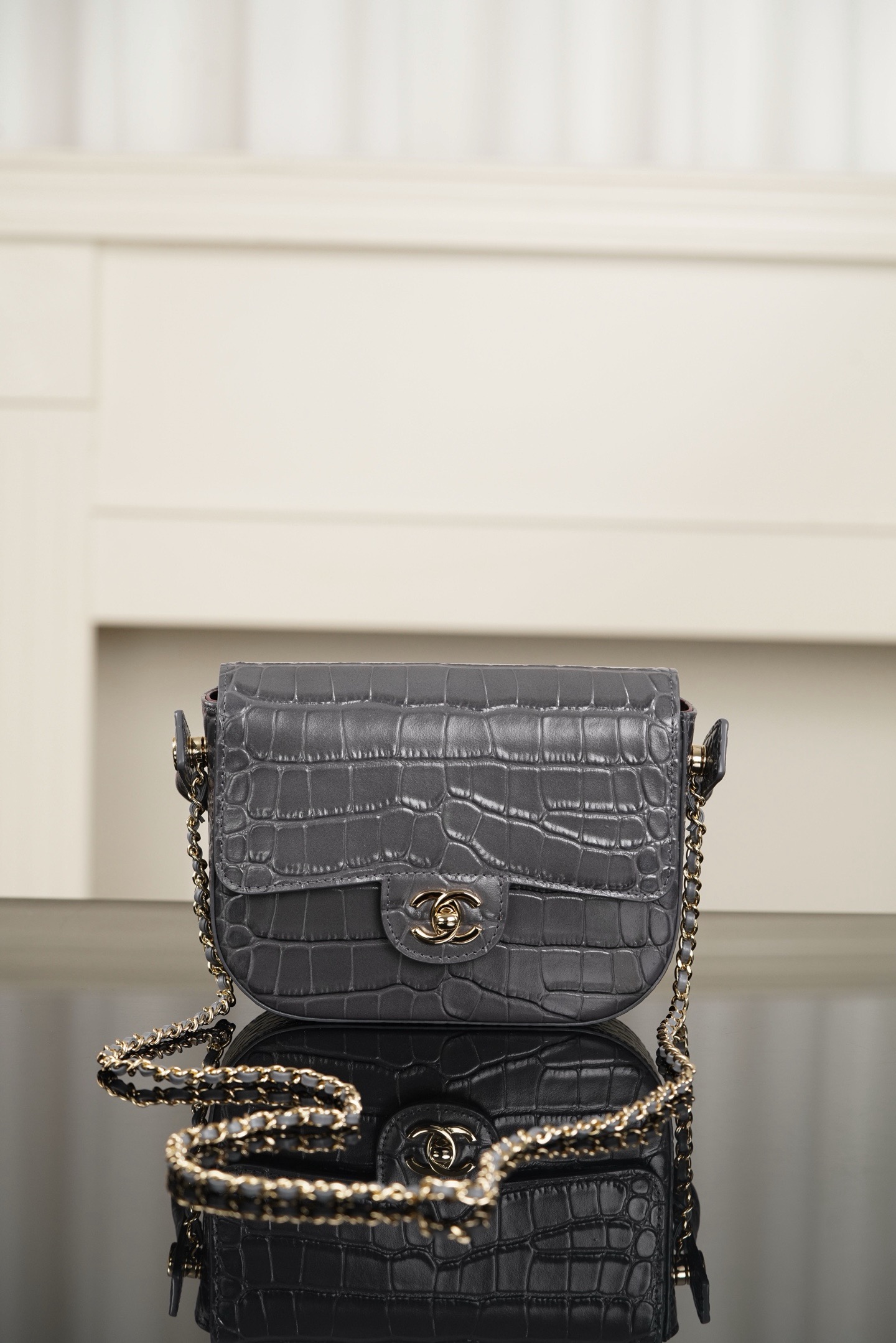 Chanel dark grey crocodile embossed leather mini handbag