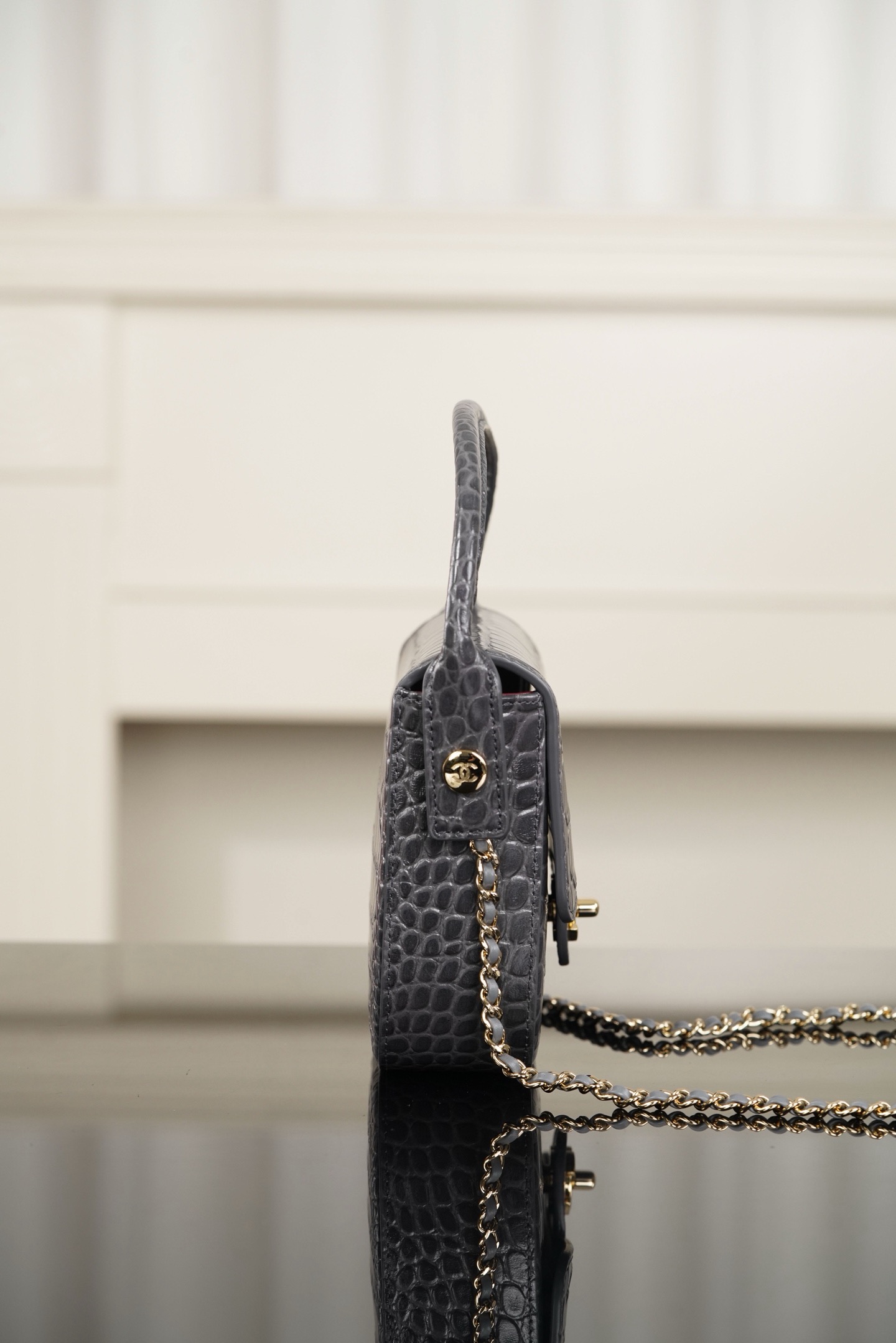 Chanel dark grey crocodile embossed leather mini handbag