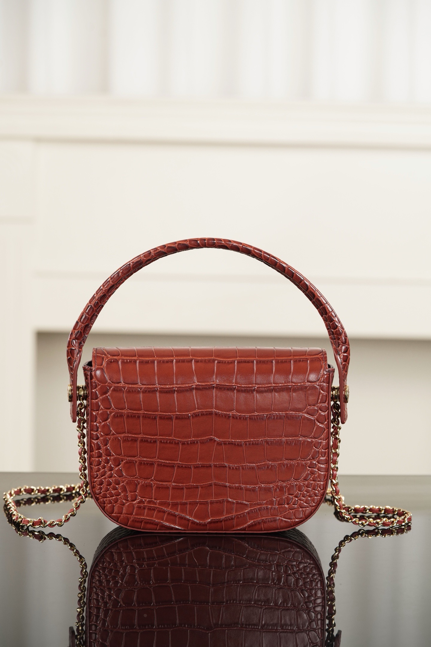 Chanel 26A wine red crocodile embossed top handle bag