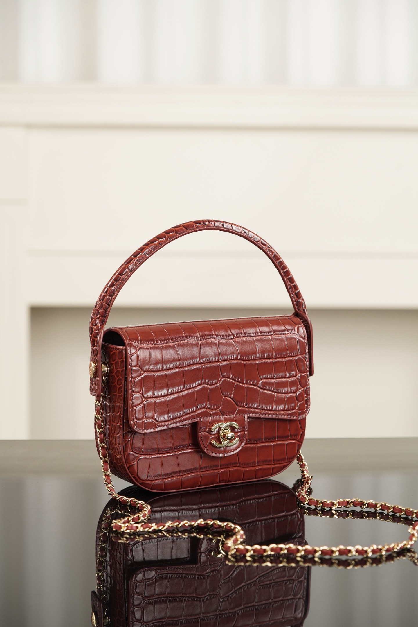 Chanel 26A wine red crocodile embossed top handle bag