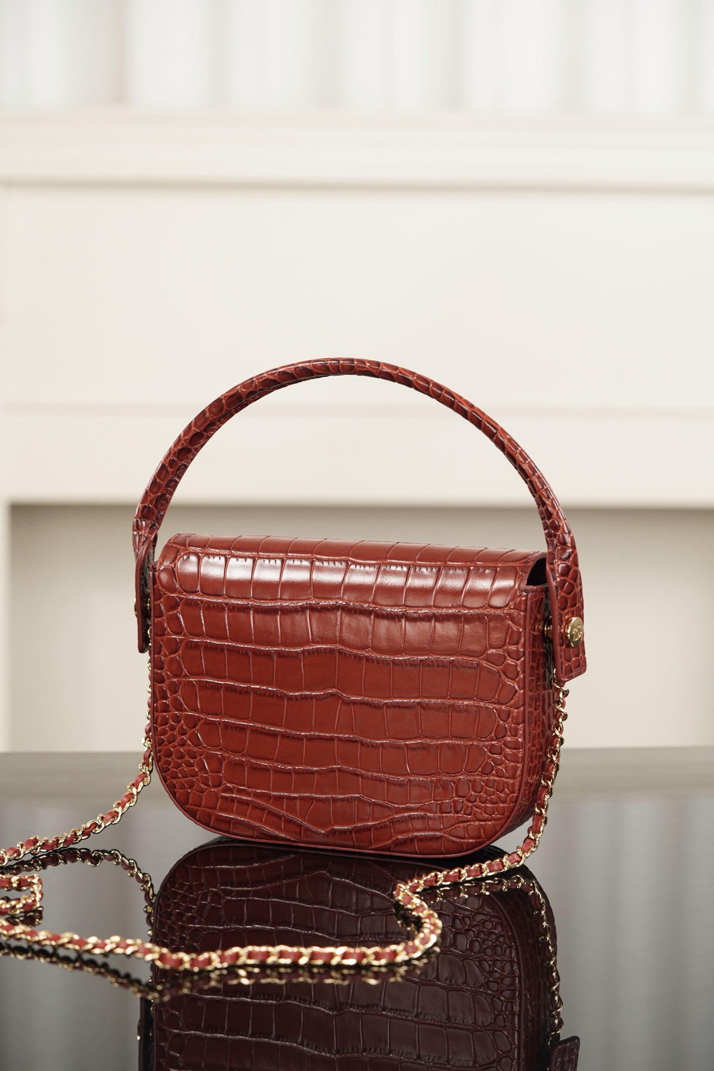 Chanel 26A wine red crocodile embossed top handle bag