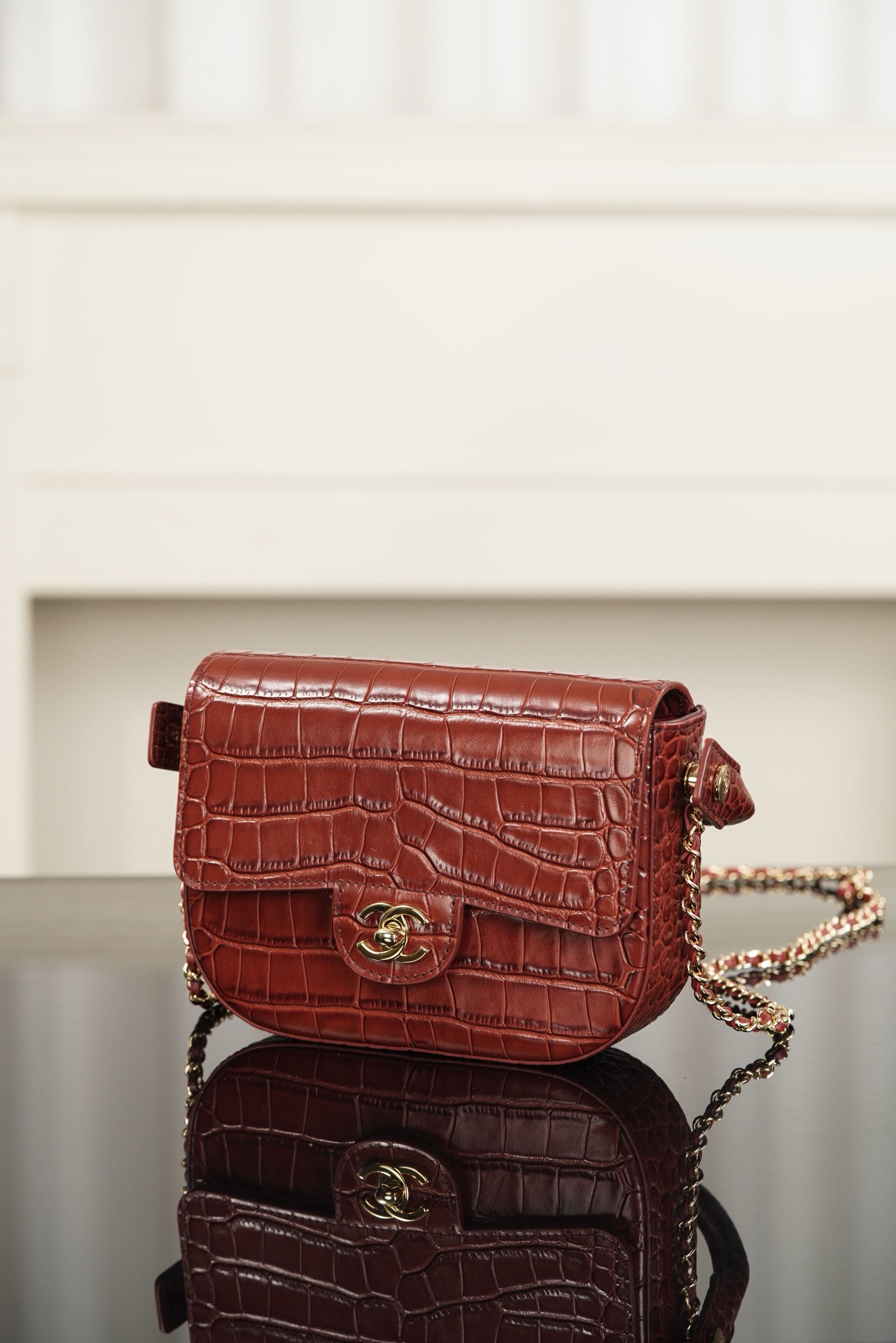 Chanel 26A wine red crocodile embossed top handle bag