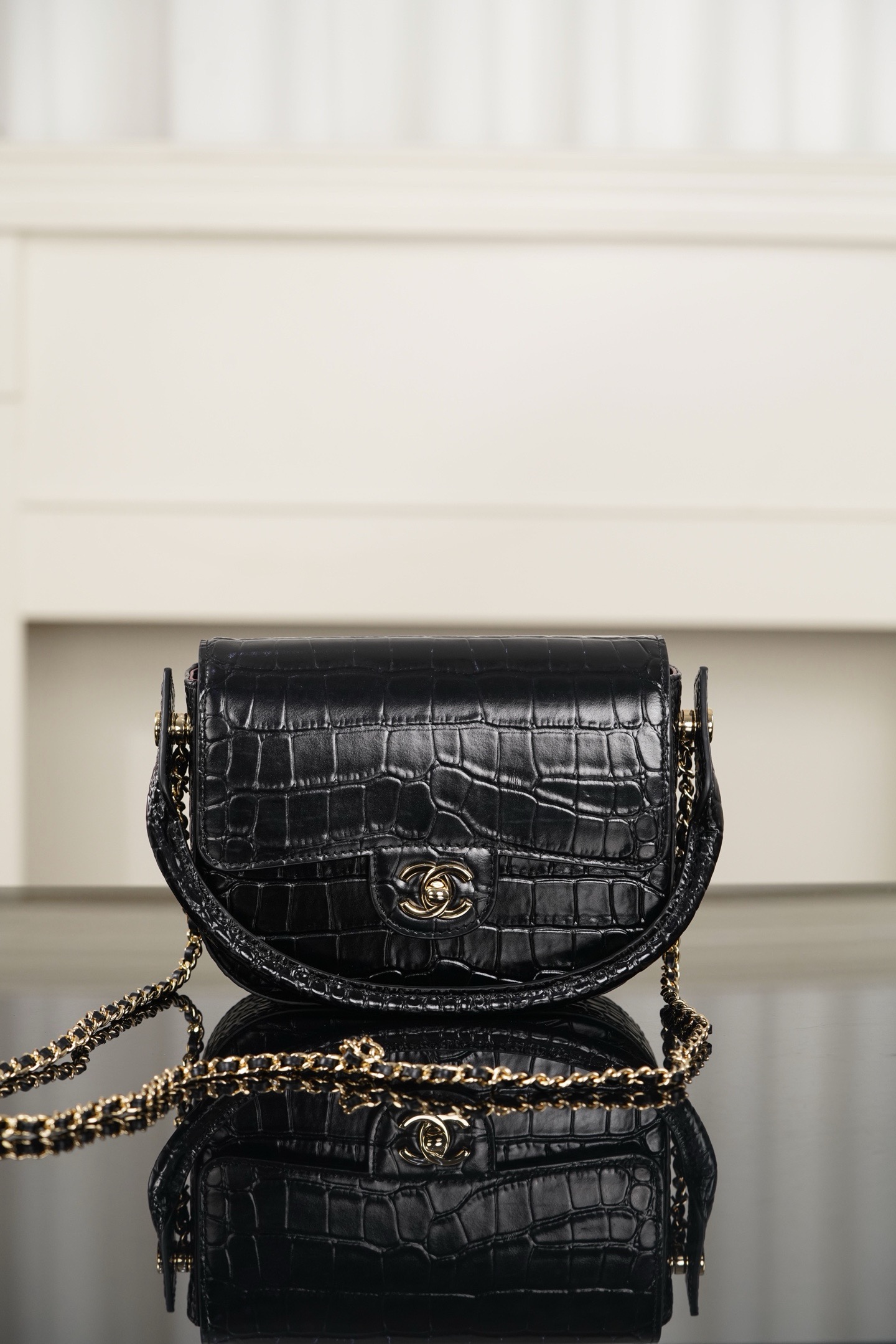 Chanel 26A black crocodile embossed top handle bag