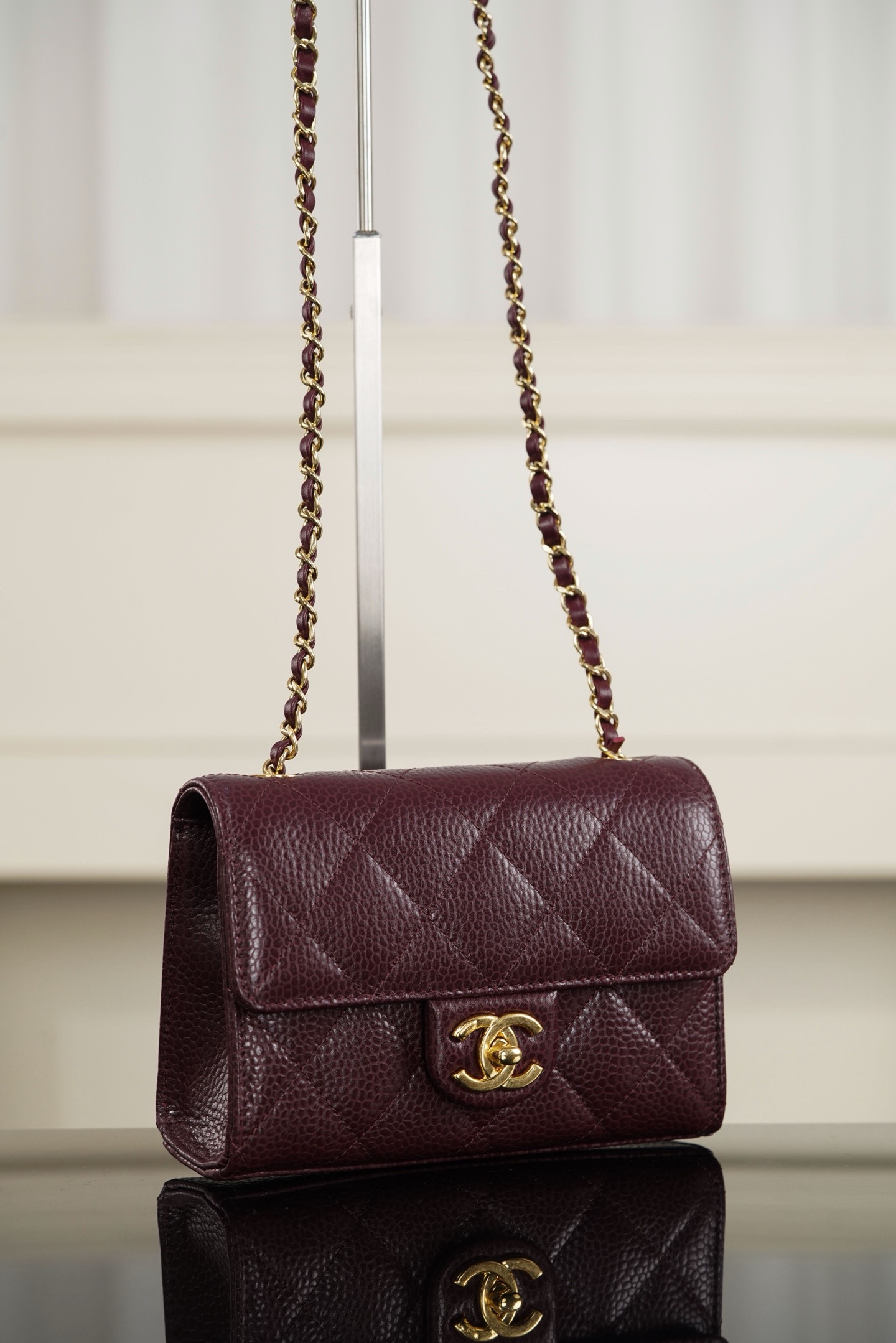 Chanel 26C mini CF burgundy caviar leather crossbody bag