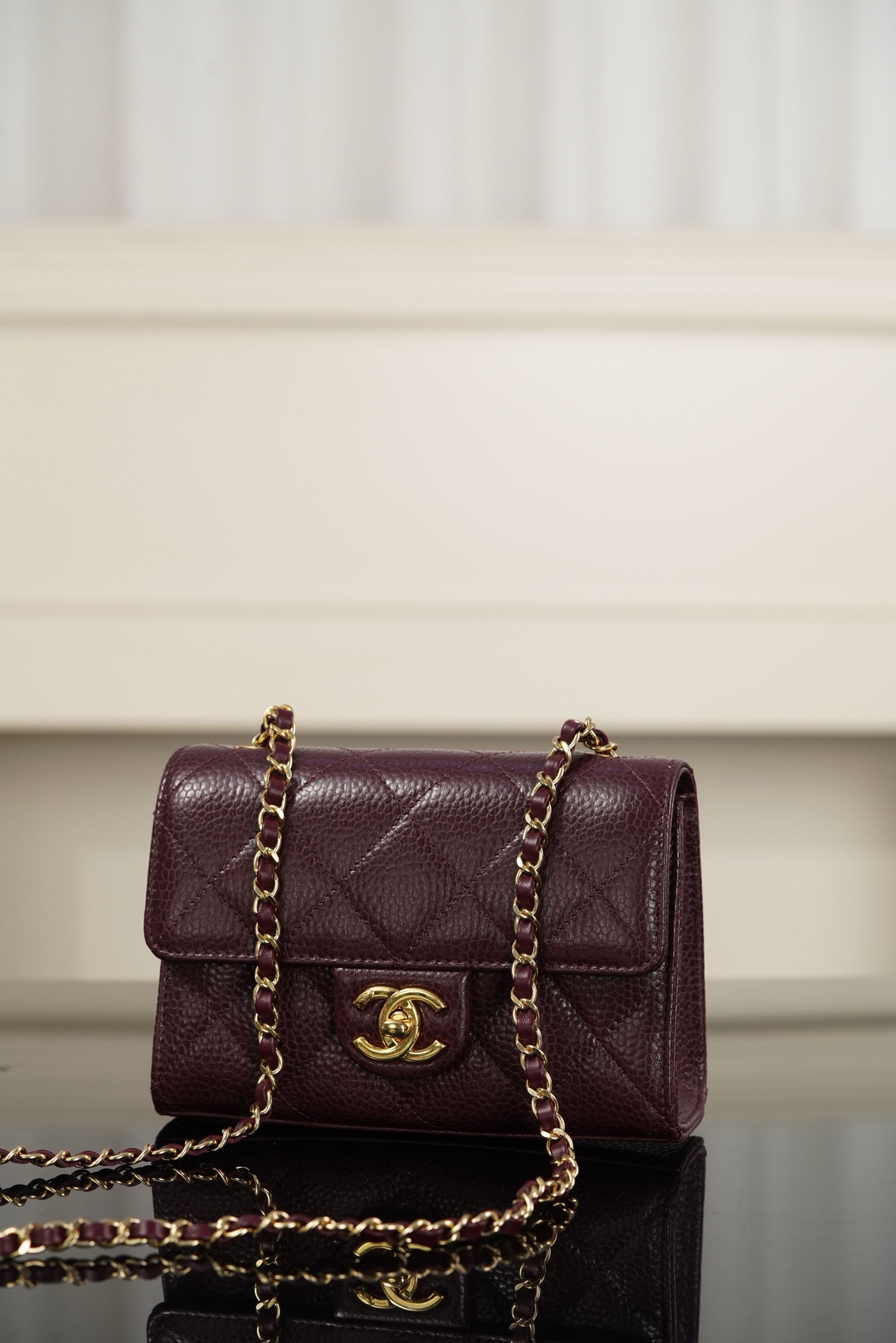 Chanel 26C mini CF burgundy caviar leather crossbody bag