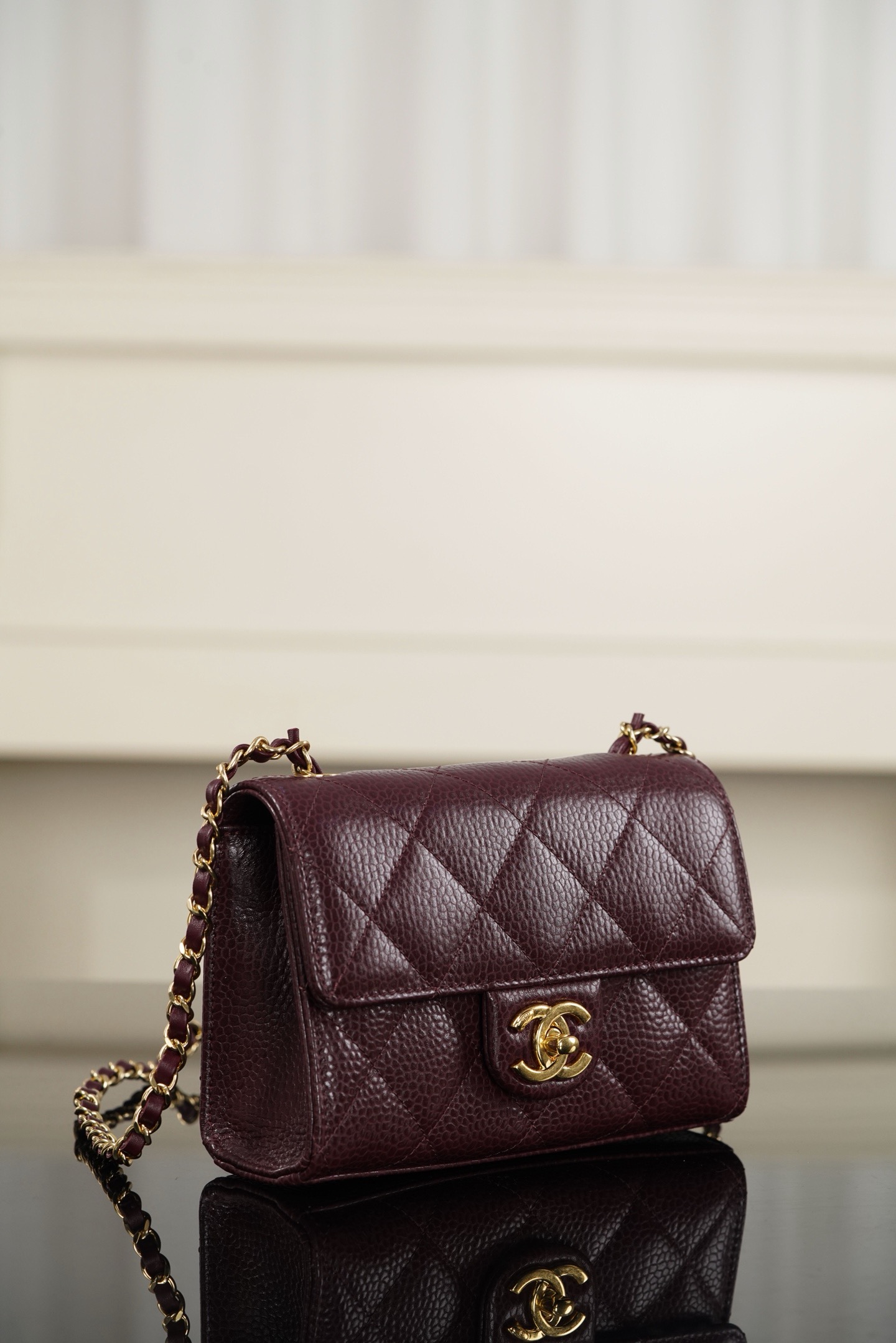 Chanel 26C mini CF burgundy caviar leather crossbody bag