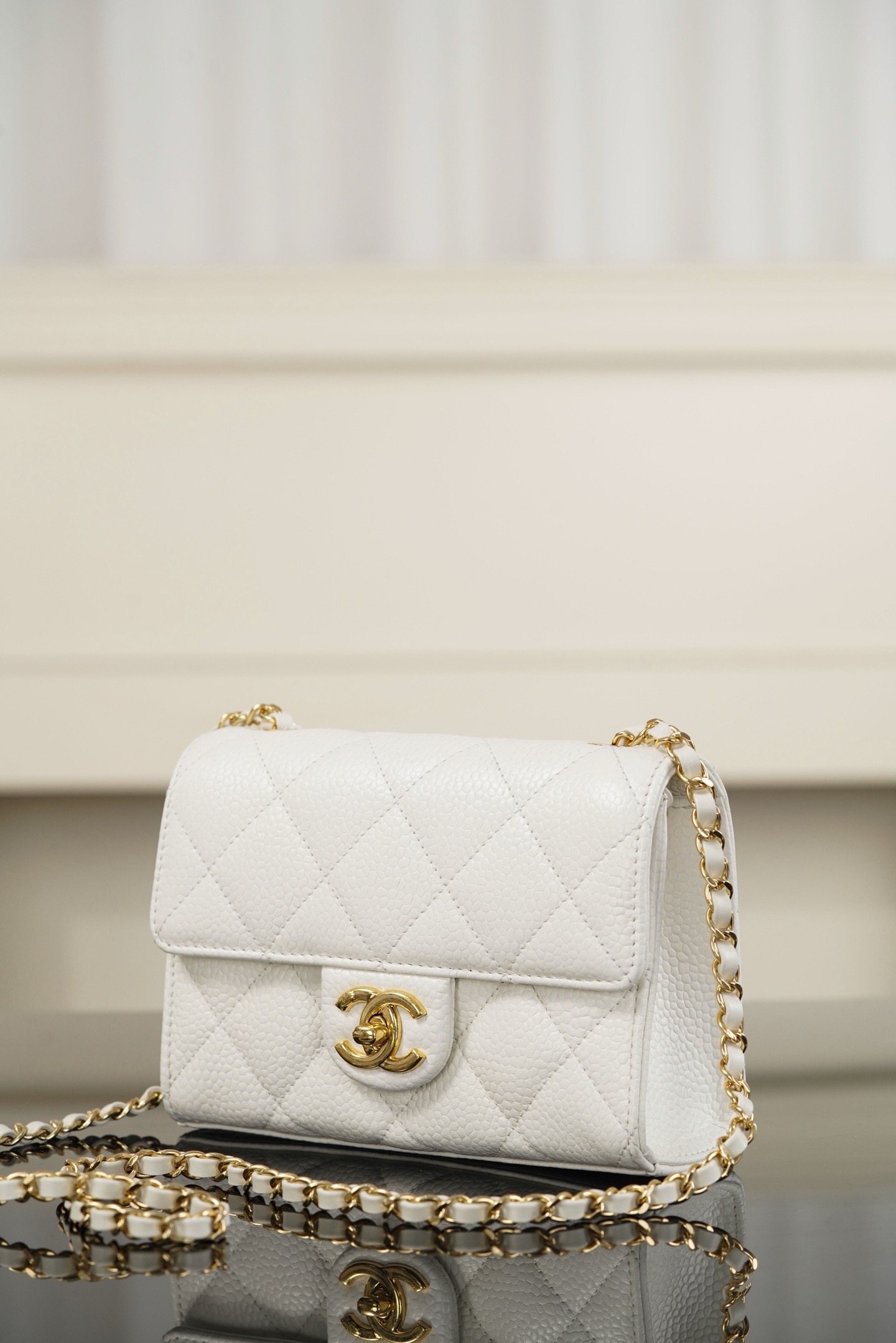 Chanel 26C mini CF white caviar leather crossbody bag