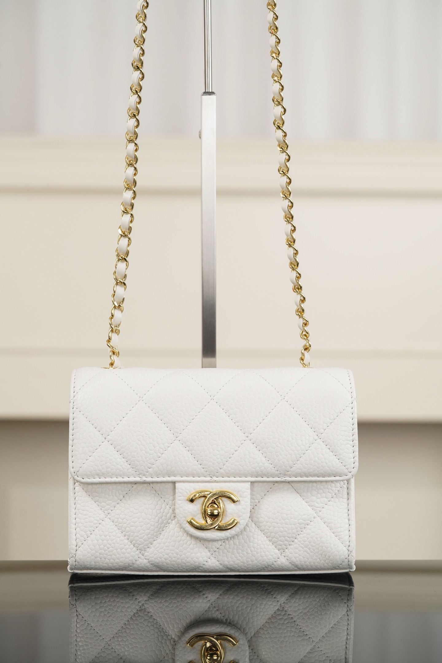 Chanel 26C mini CF white caviar leather crossbody bag