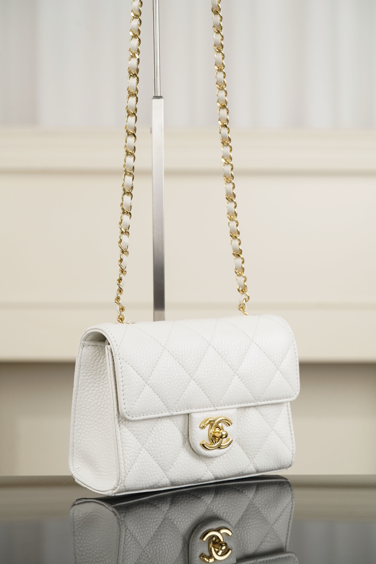 Chanel 26C mini CF white caviar leather crossbody bag